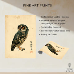 Japanese Owl Wall Art – Minimal Vintage Art Print — fine art print unframed quality details