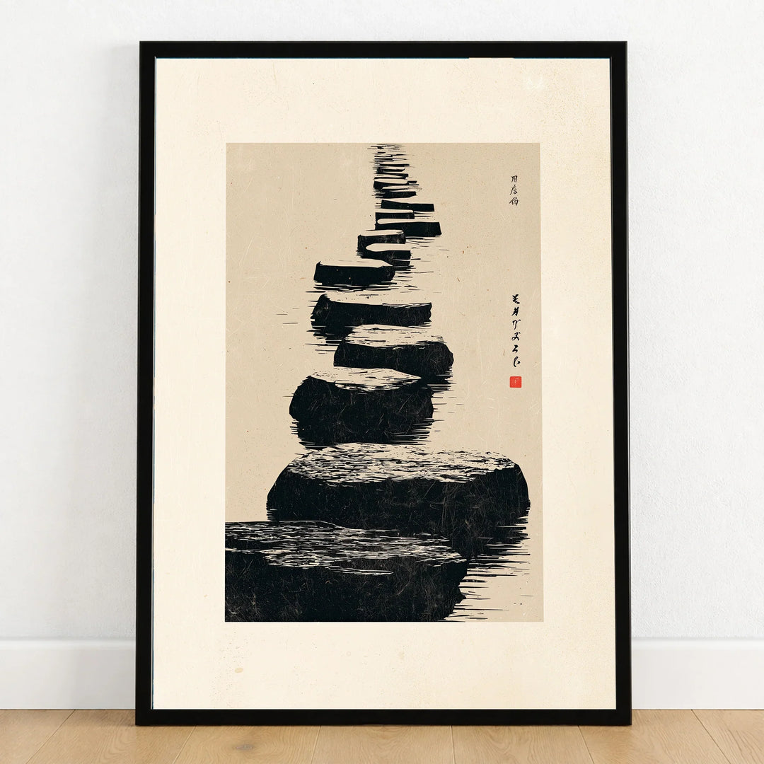 Japanese Minimalist Art Print – Zen Stone Path Wall Art — art print in black frame on wooden floor