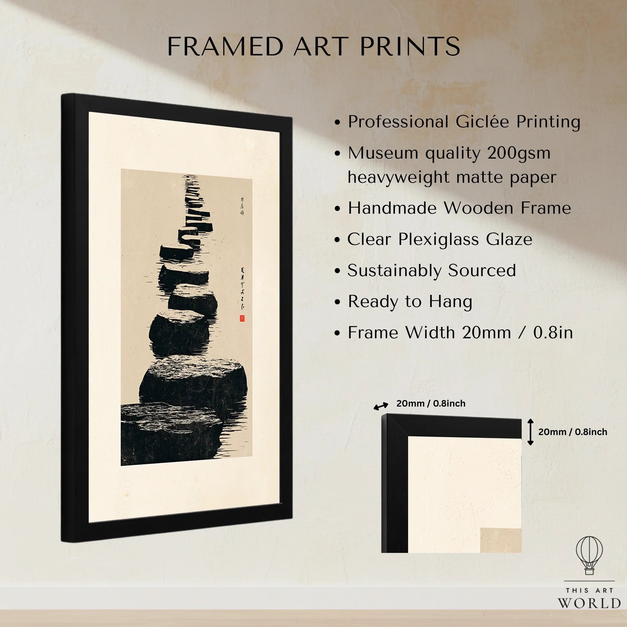 Japanese Minimalist Art Print – Zen Stone Path Wall Art — framed print details measurements quality details