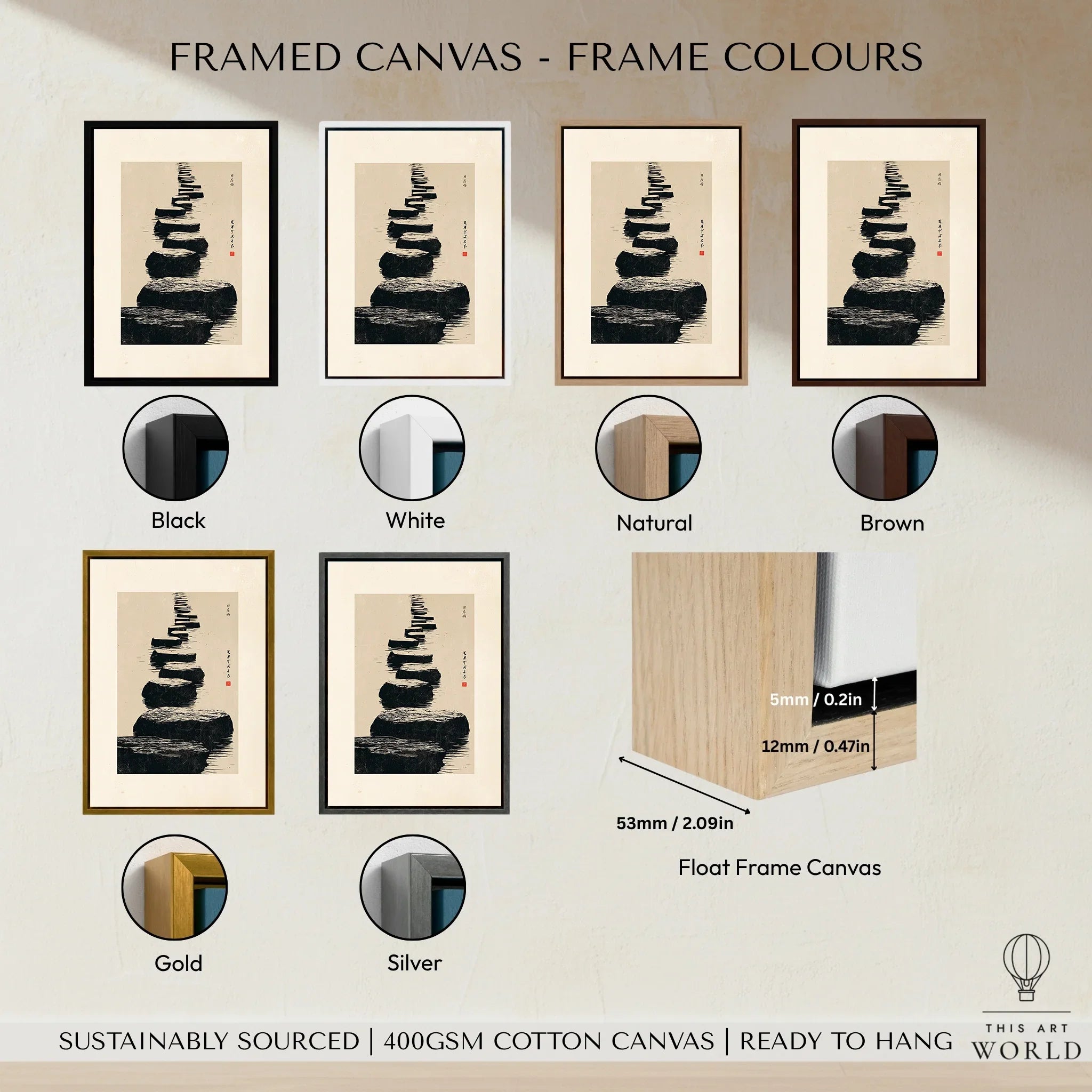 Japanese Minimalist Art Print – Zen Stone Path Wall Art — framed canvas float frame colour options