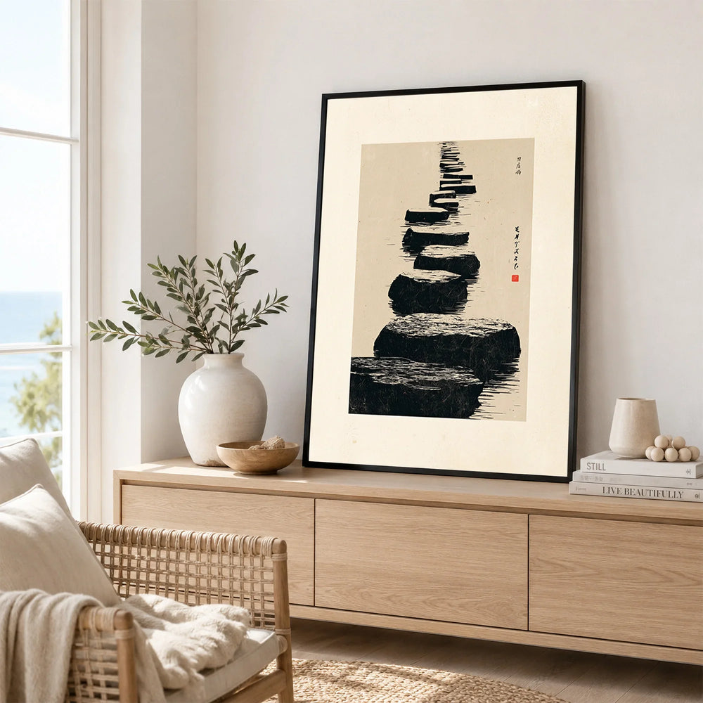 Japanese Minimalist Art Print – Zen Stone Path Wall Art — framed artwork living room lifestyle setting