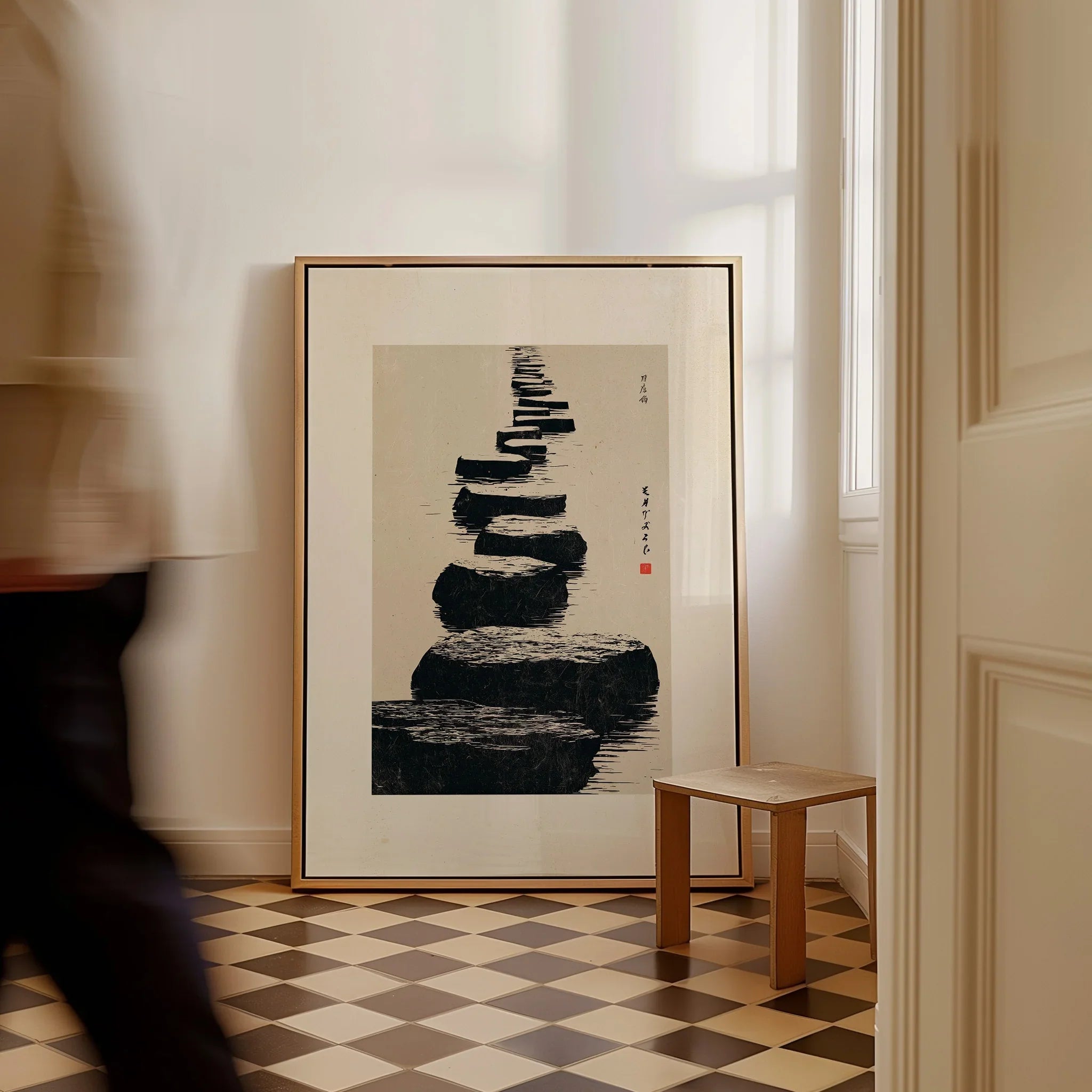Japanese Minimalist Art Print – Zen Stone Path Wall Art — framed canvas on floor man walking past