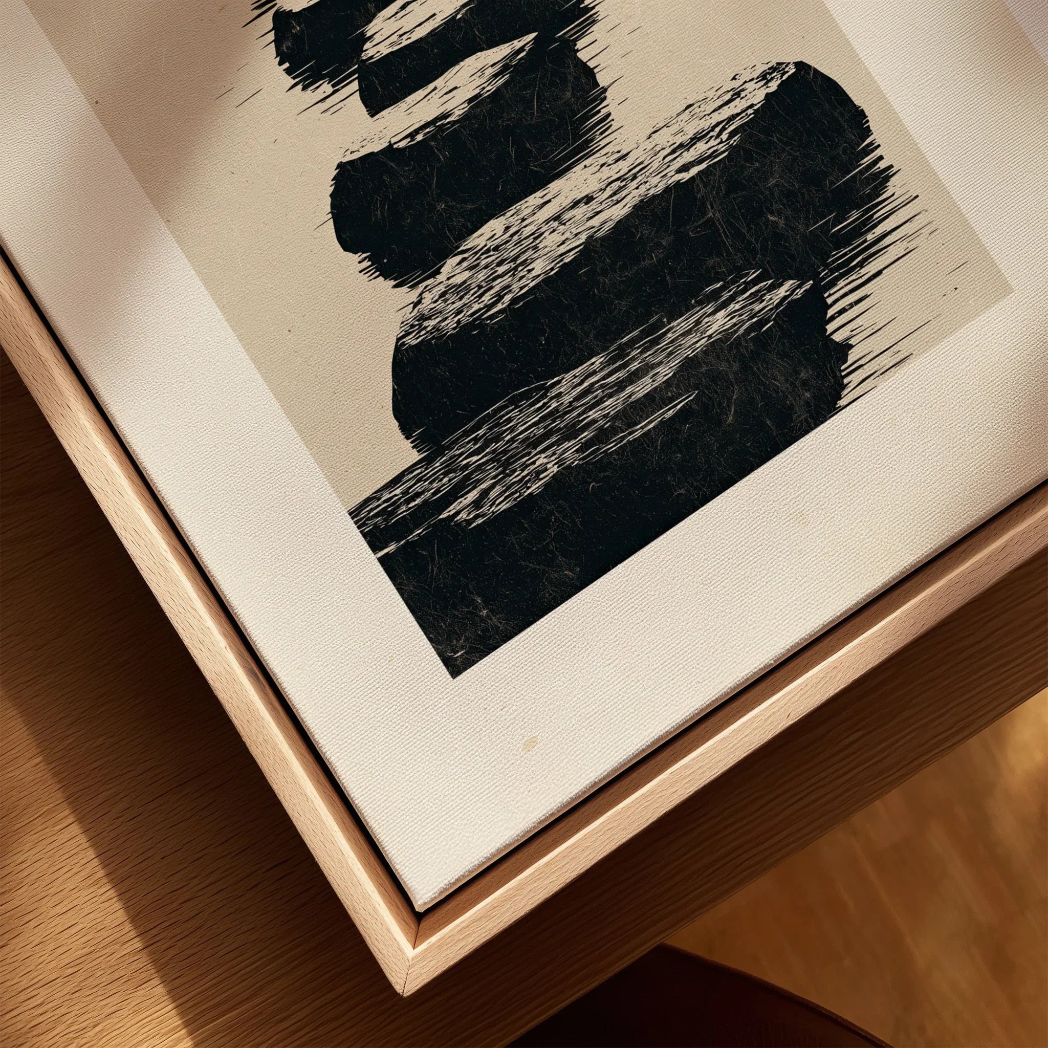 Japanese Minimalist Art Print – Zen Stone Path Wall Art — closeup framed canvas natural wood floating frame