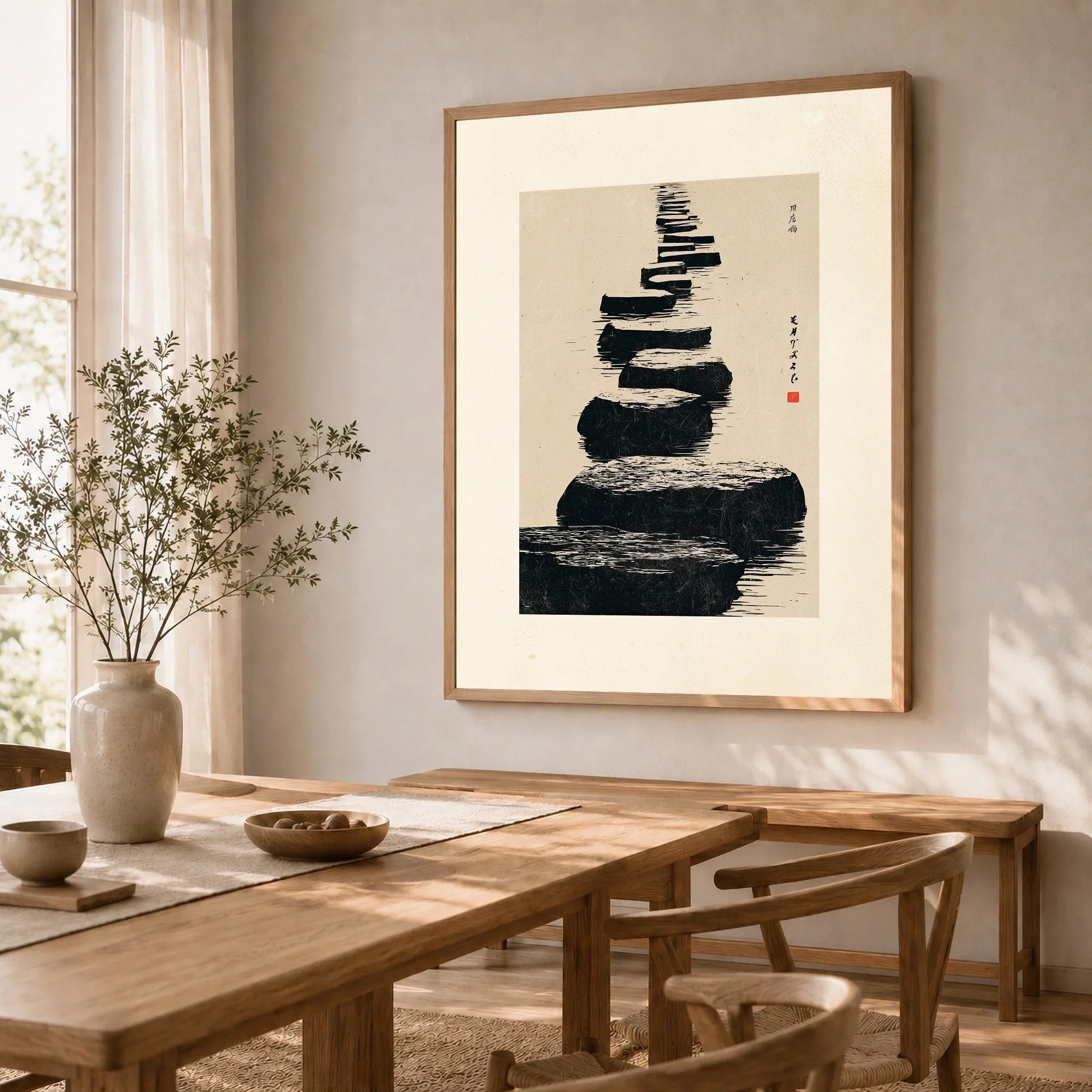 Japanese Minimalist Art Print – Zen Stone Path Wall Art — dining room framed print natural wood frame