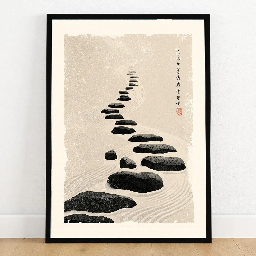 Japanese Zen Wall Art – Minimalist Stone Path Art Print — art print in black frame on wooden floor