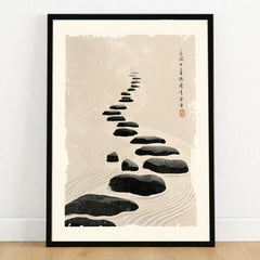 Japanese Zen Wall Art – Minimalist Stone Path Art Print — art print in black frame on wooden floor