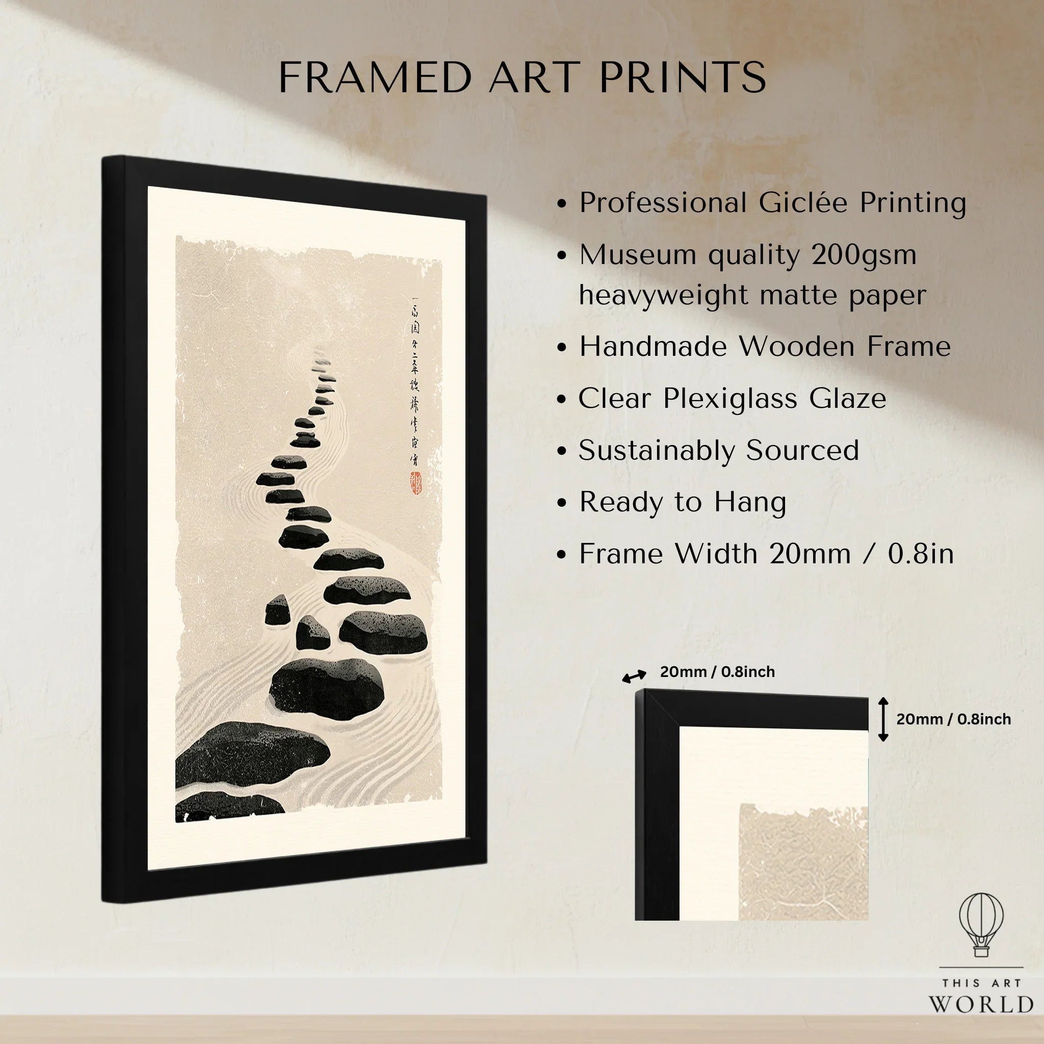 Japanese Zen Wall Art – Minimalist Stone Path Art Print — framed print details measurements quality details