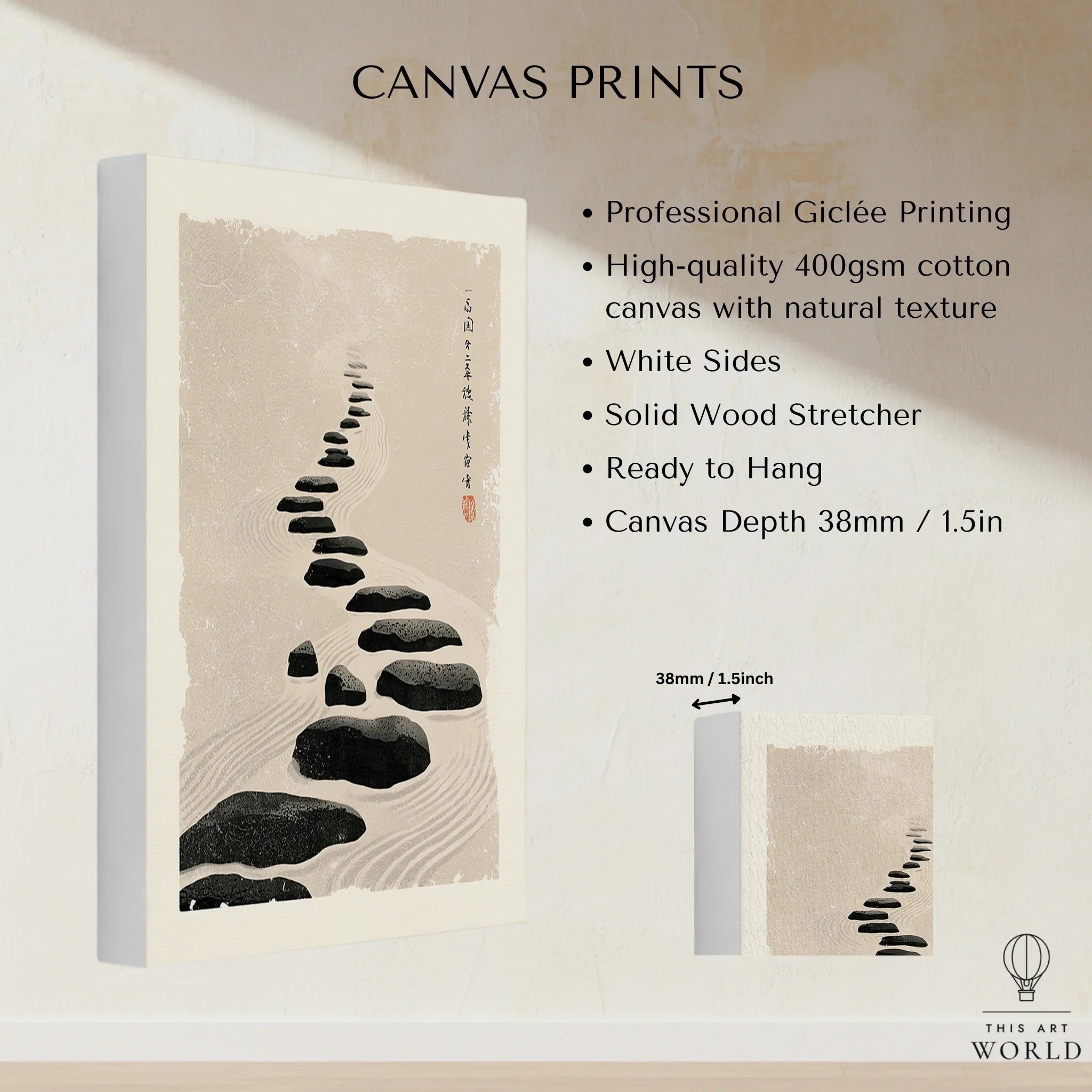 Japanese Zen Wall Art – Minimalist Stone Path Art Print — canvas print stretched cotton canvas details