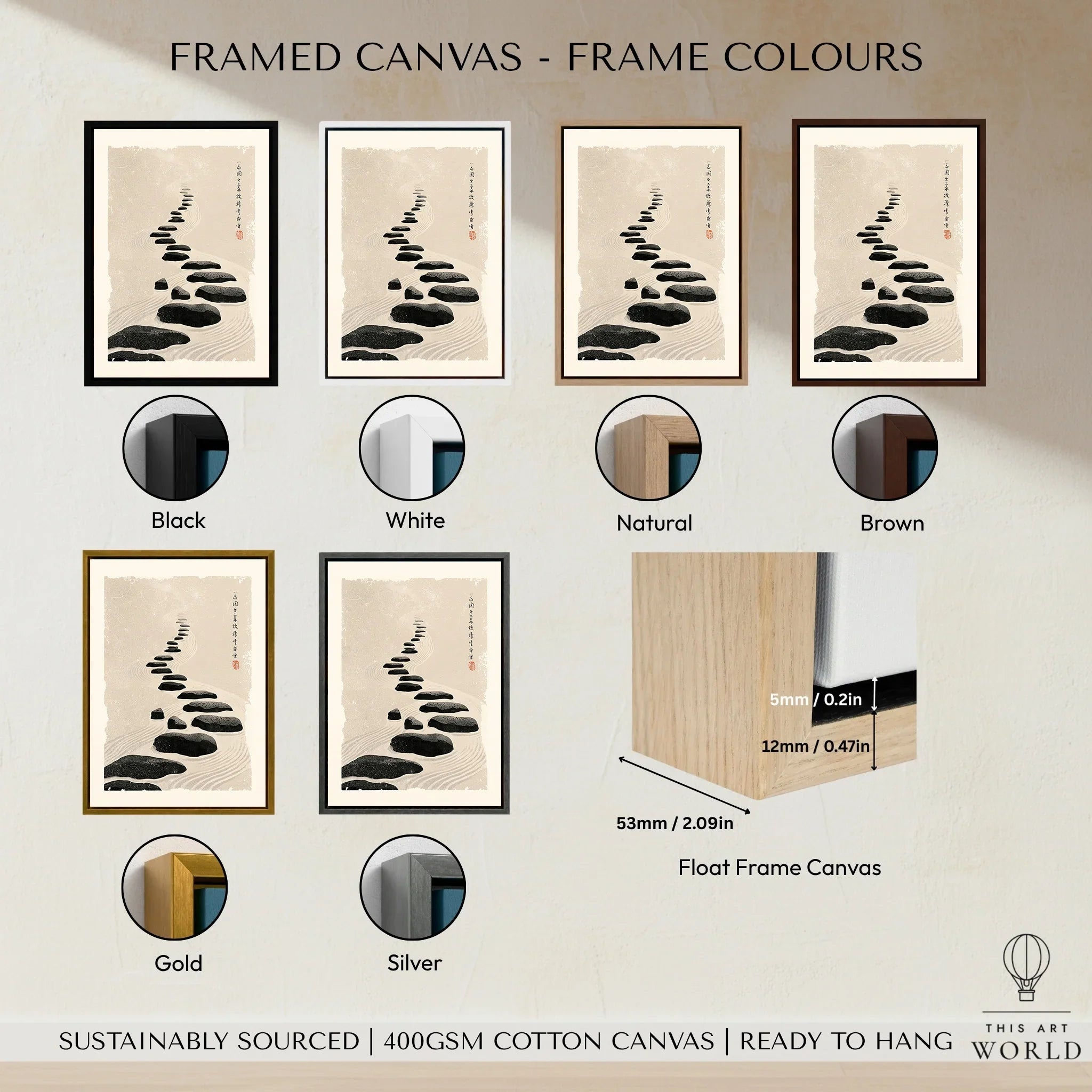 Japanese Zen Wall Art – Minimalist Stone Path Art Print — framed canvas float frame colour options