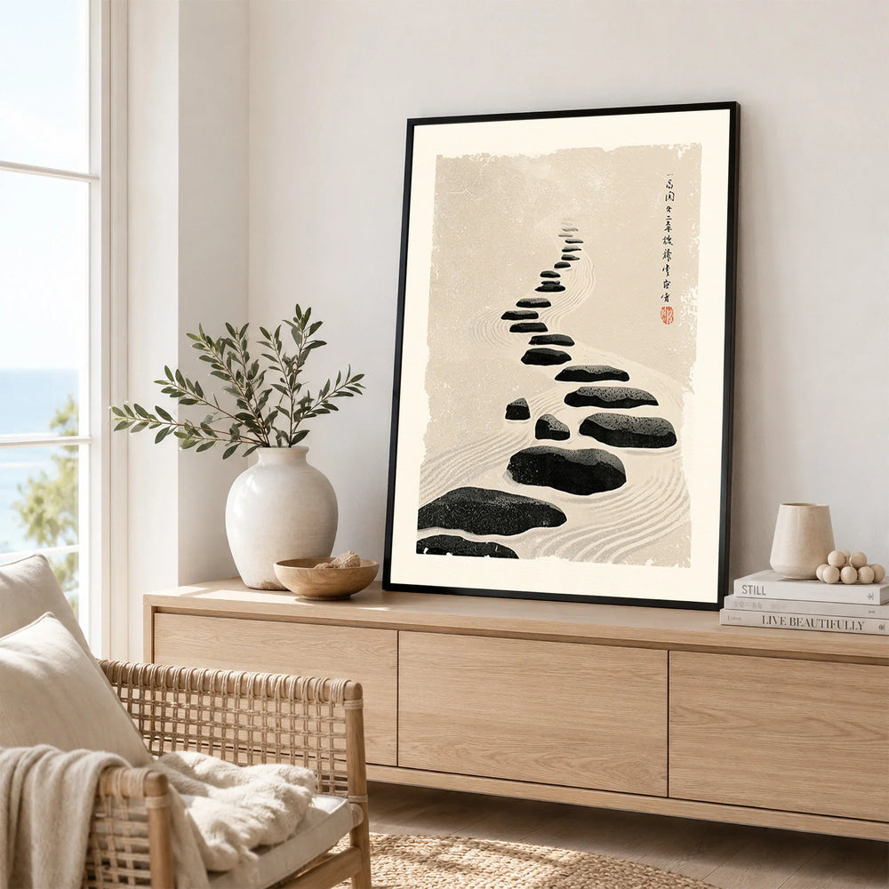 Japanese Zen Wall Art – Minimalist Stone Path Art Print — framed artwork living room lifestyle setting