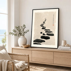 Japanese Zen Wall Art – Minimalist Stone Path Art Print — framed artwork living room lifestyle setting