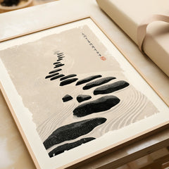 Japanese Zen Wall Art – Minimalist Stone Path Art Print — framed art print closeup gift unwrapped natural frame