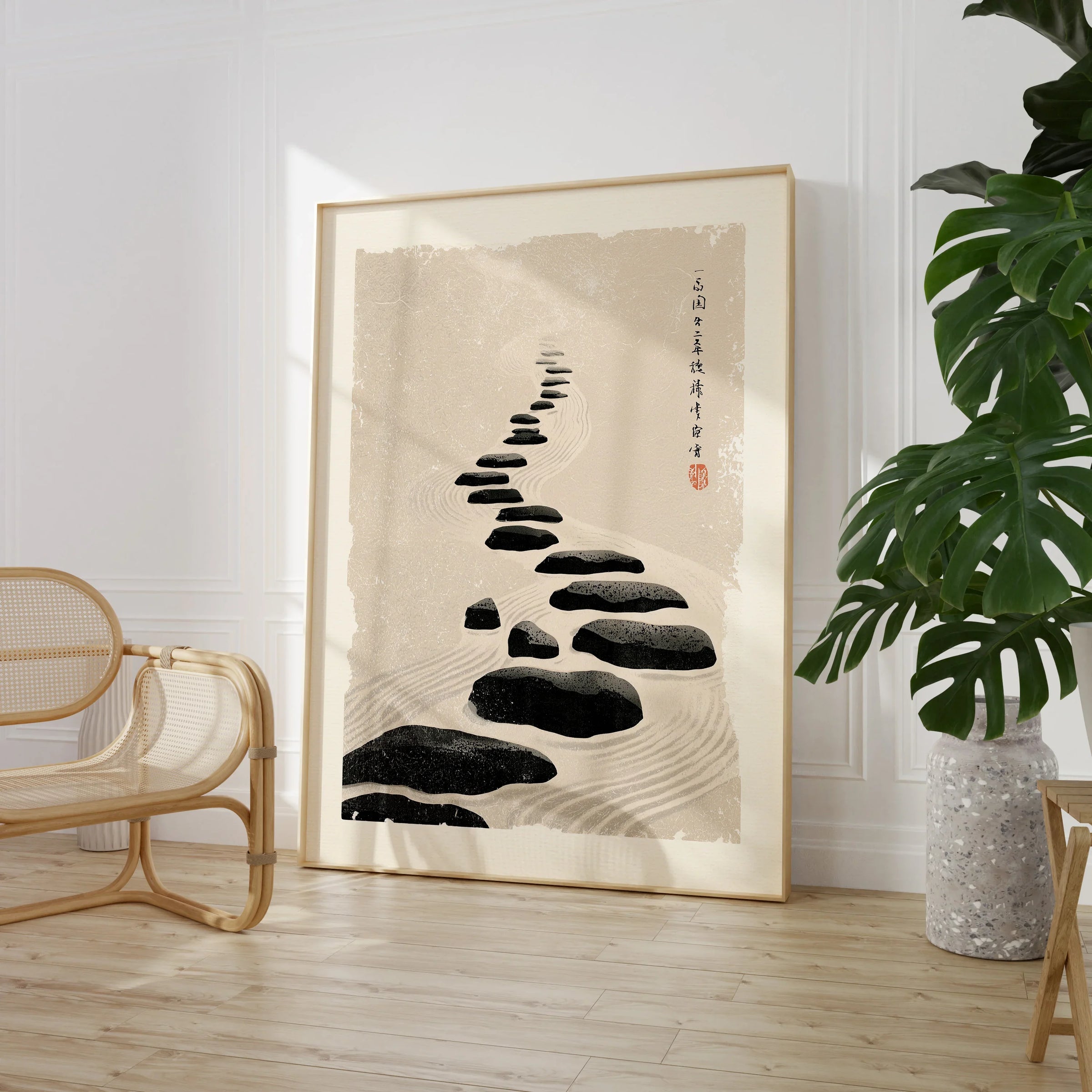 Japanese Zen Wall Art – Minimalist Stone Path Art Print — large framed print room setting chair plant