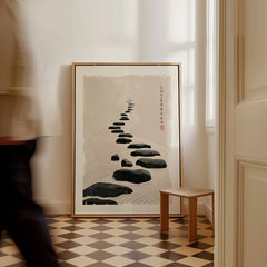 Japanese Zen Wall Art – Minimalist Stone Path Art Print — framed canvas on floor man walking past