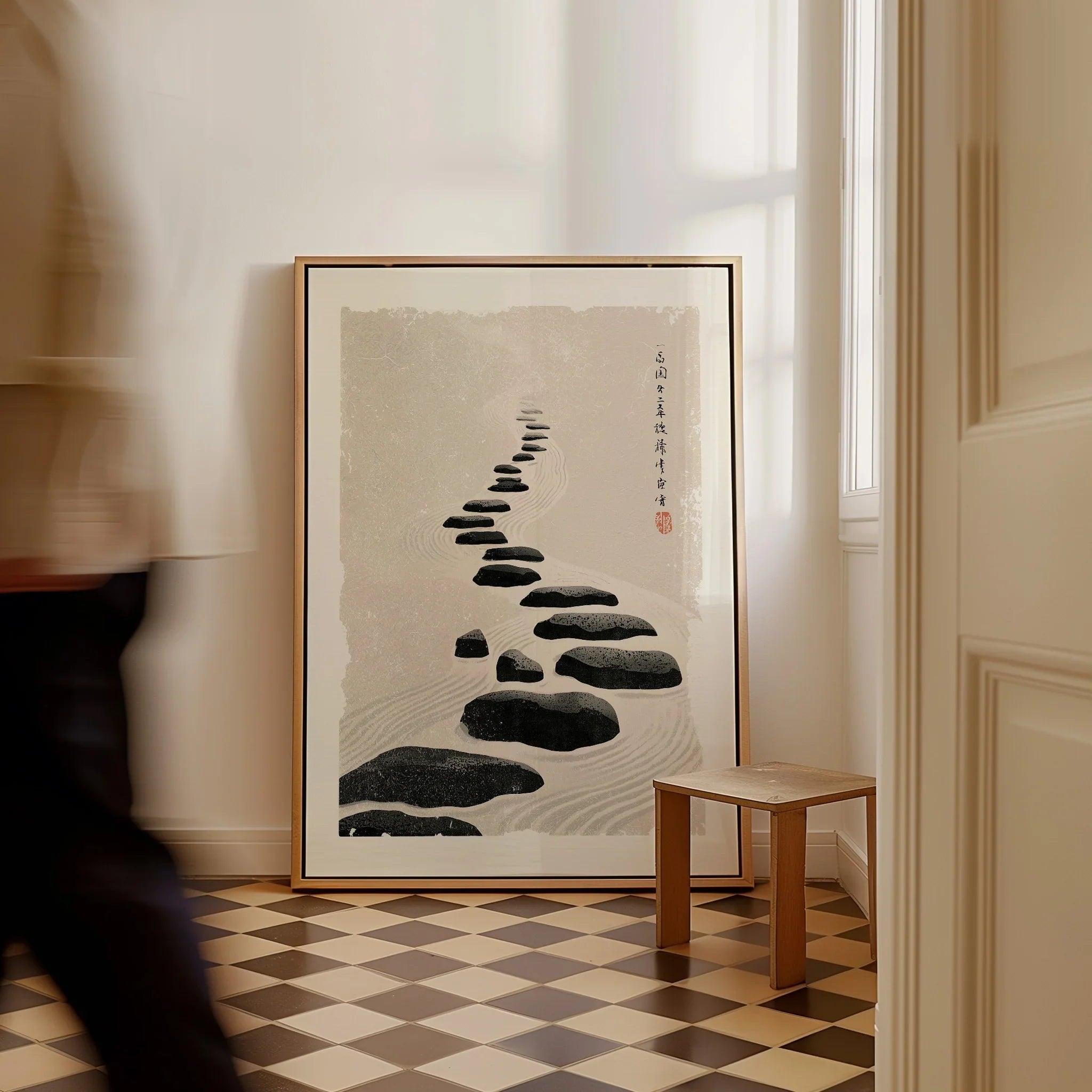 Japanese Zen Wall Art – Minimalist Stone Path Art Print — framed canvas on floor man walking past