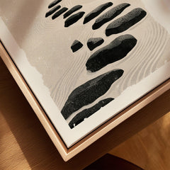 Japanese Zen Wall Art – Minimalist Stone Path Art Print — closeup framed canvas natural wood floating frame