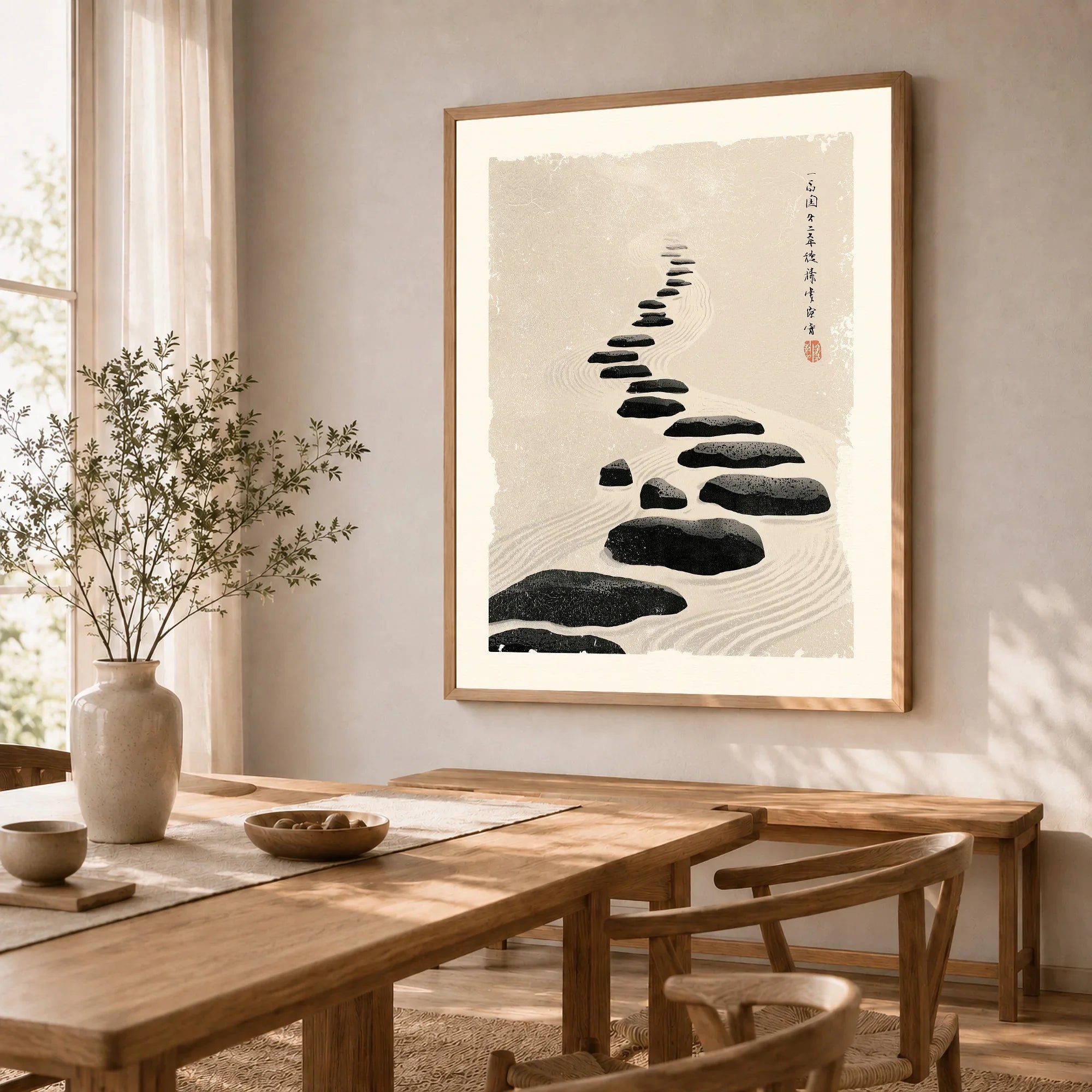 Japanese Zen Wall Art – Minimalist Stone Path Art Print — dining room framed print natural wood frame