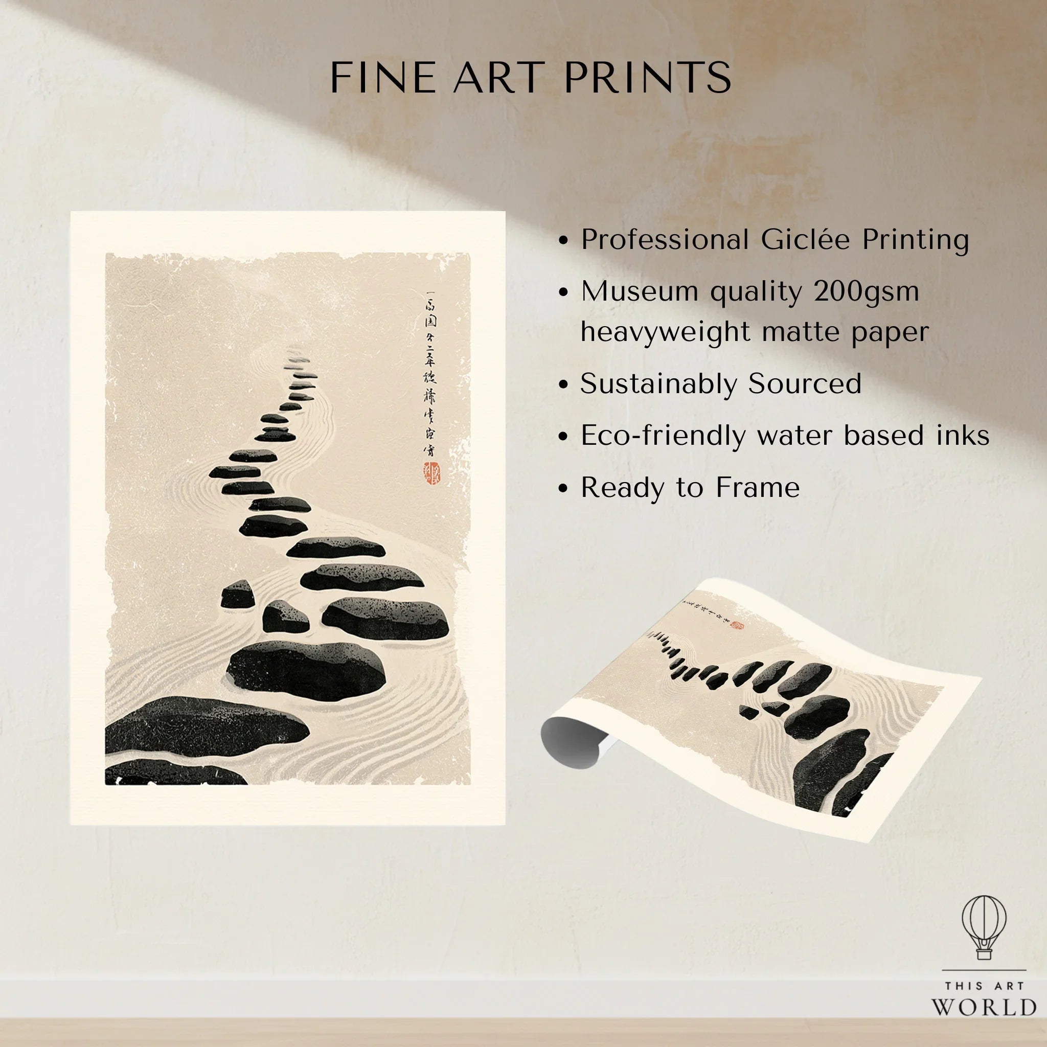 Japanese Zen Wall Art – Minimalist Stone Path Art Print — fine art print unframed quality details