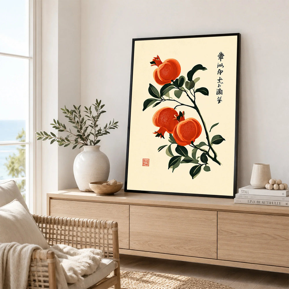 Japanese Pomegranate Art Print – Vintage Botanical Wall Art — framed artwork living room lifestyle setting