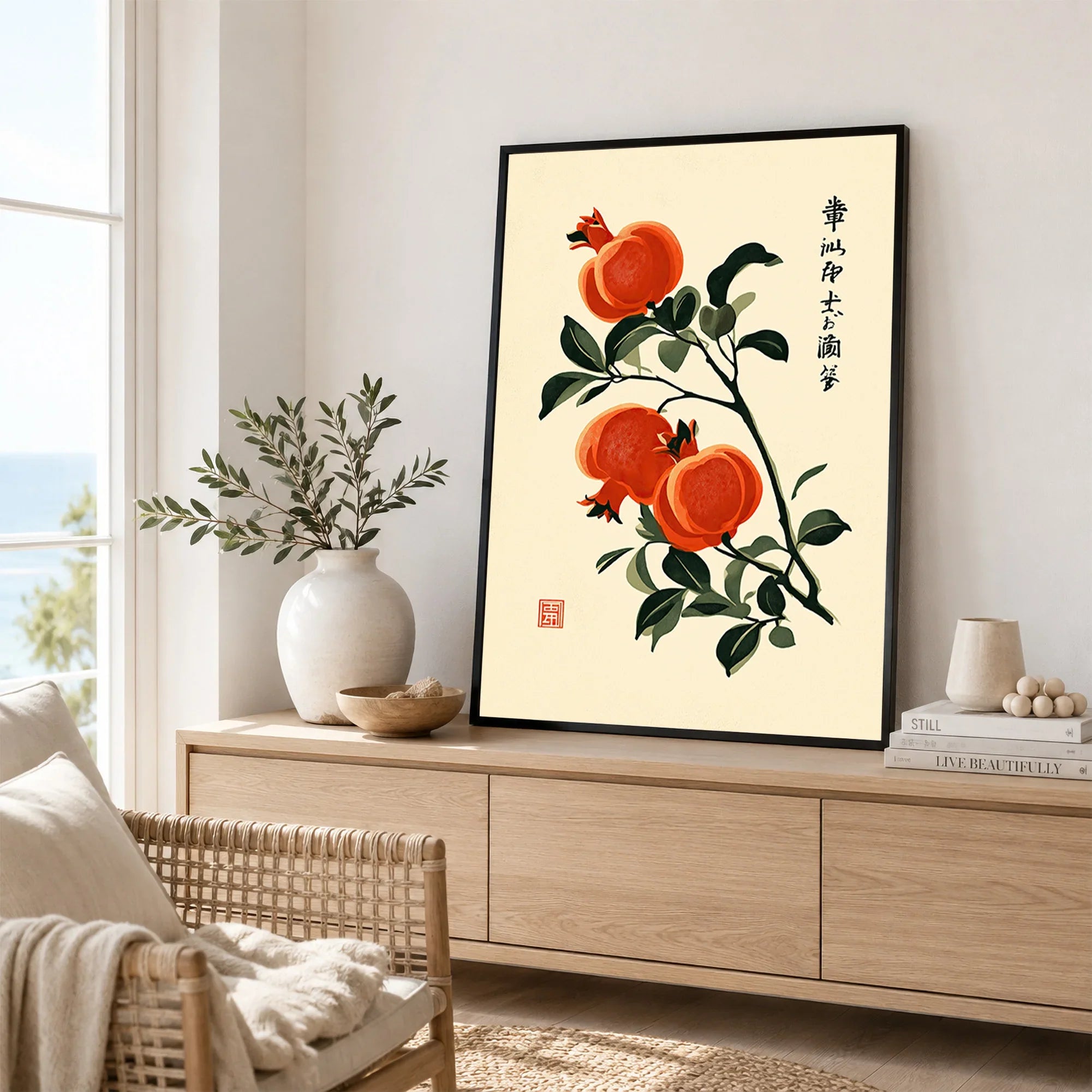 Japanese Pomegranate Art Print – Vintage Botanical Wall Art — framed artwork living room lifestyle setting