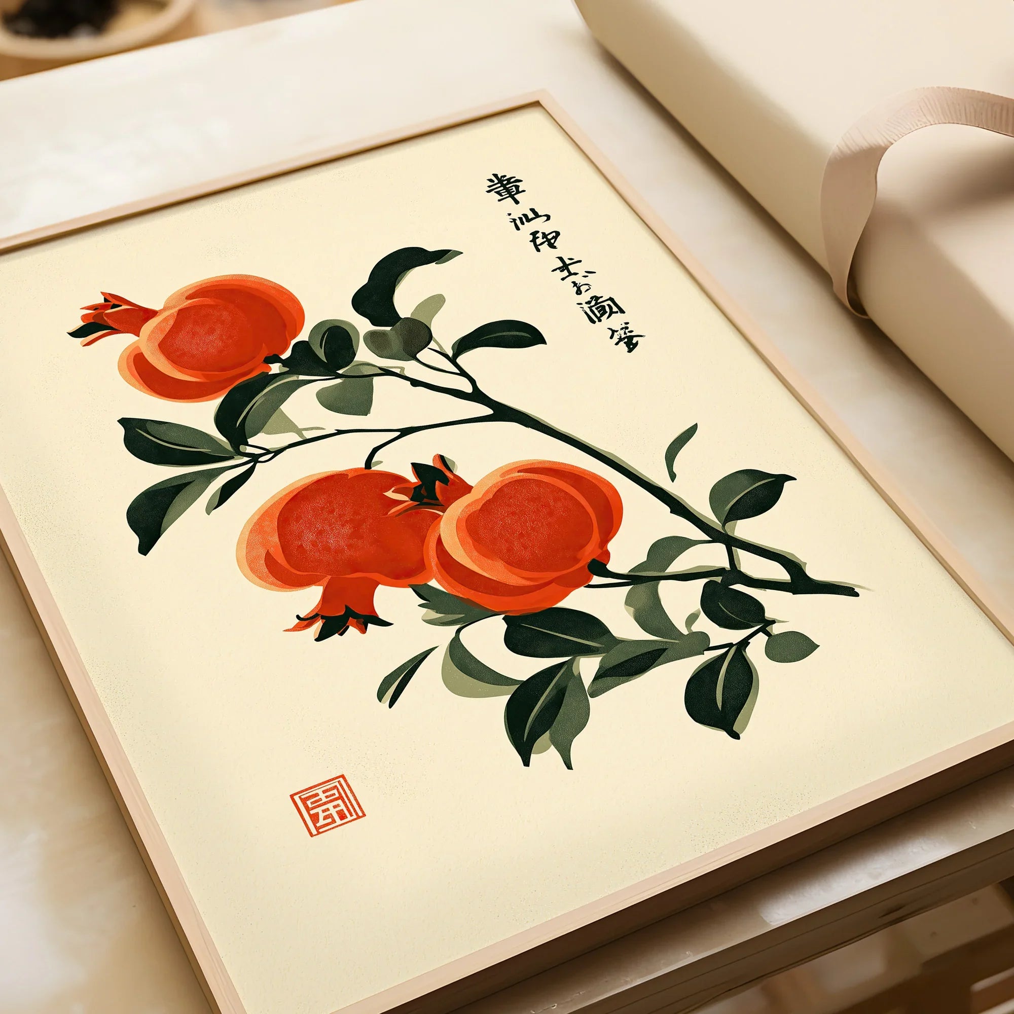 Japanese Pomegranate Art Print – Vintage Botanical Wall Art — framed art print closeup gift unwrapped natural frame