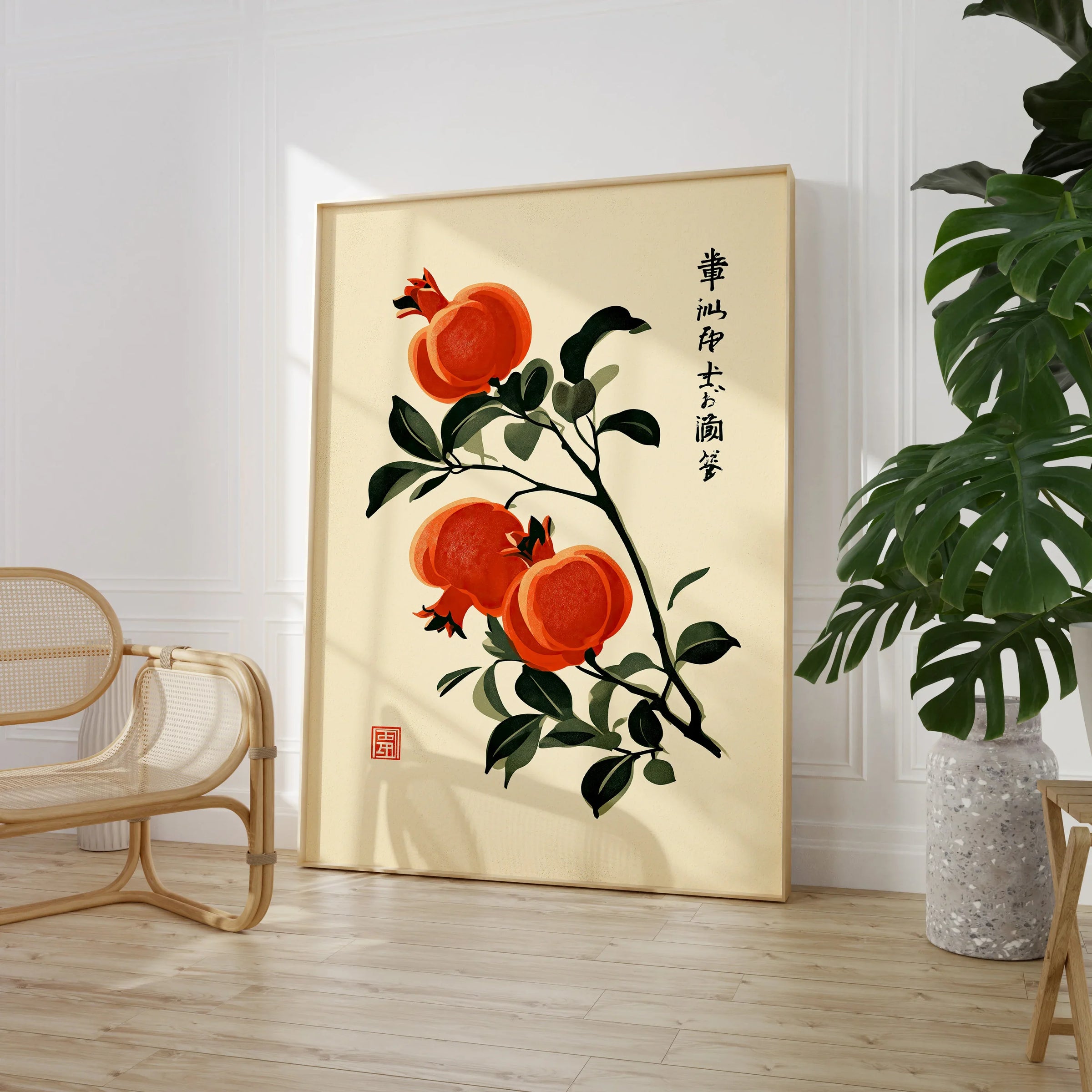 Japanese Pomegranate Art Print – Vintage Botanical Wall Art — large framed print room setting chair plant