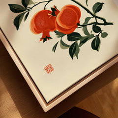 Japanese Pomegranate Art Print – Vintage Botanical Wall Art — closeup framed canvas natural wood floating frame