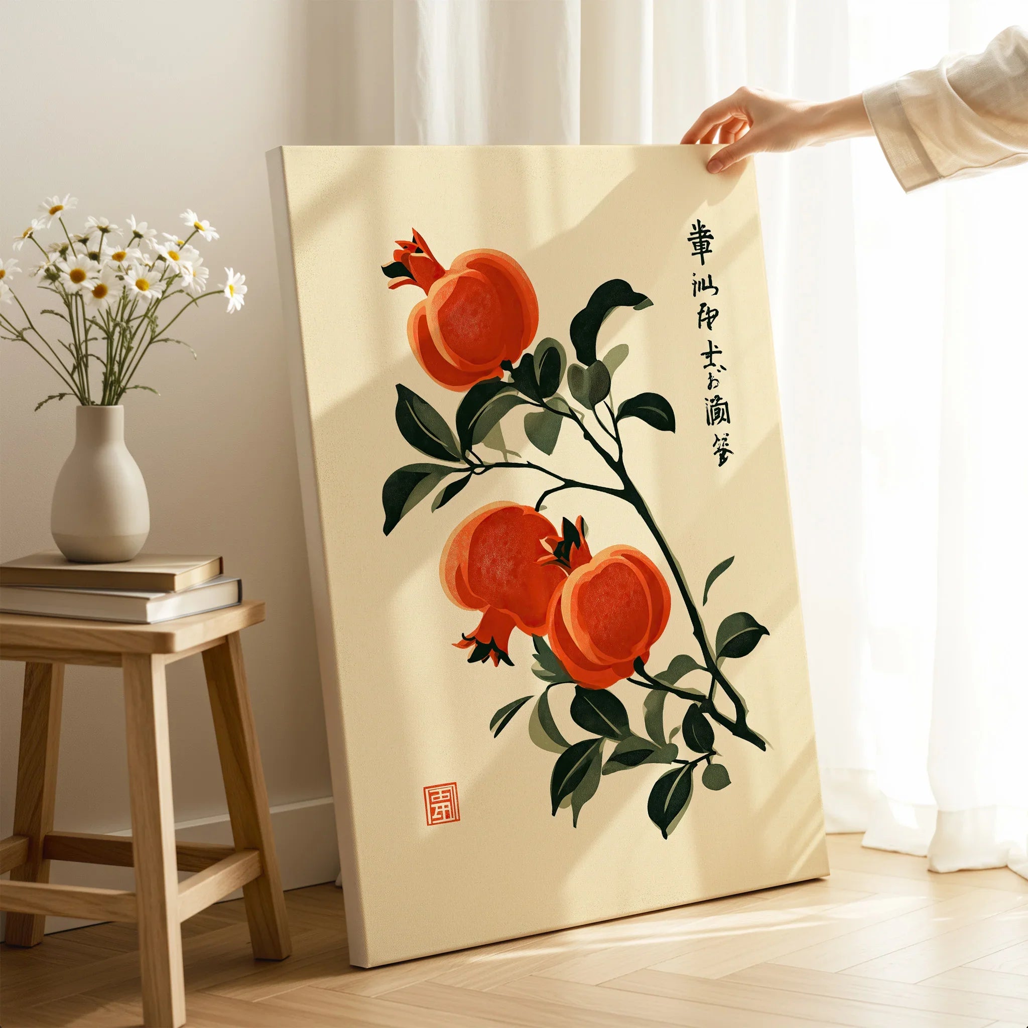 Japanese Pomegranate Art Print – Vintage Botanical Wall Art — canvas print mirror edge hand holding room setting