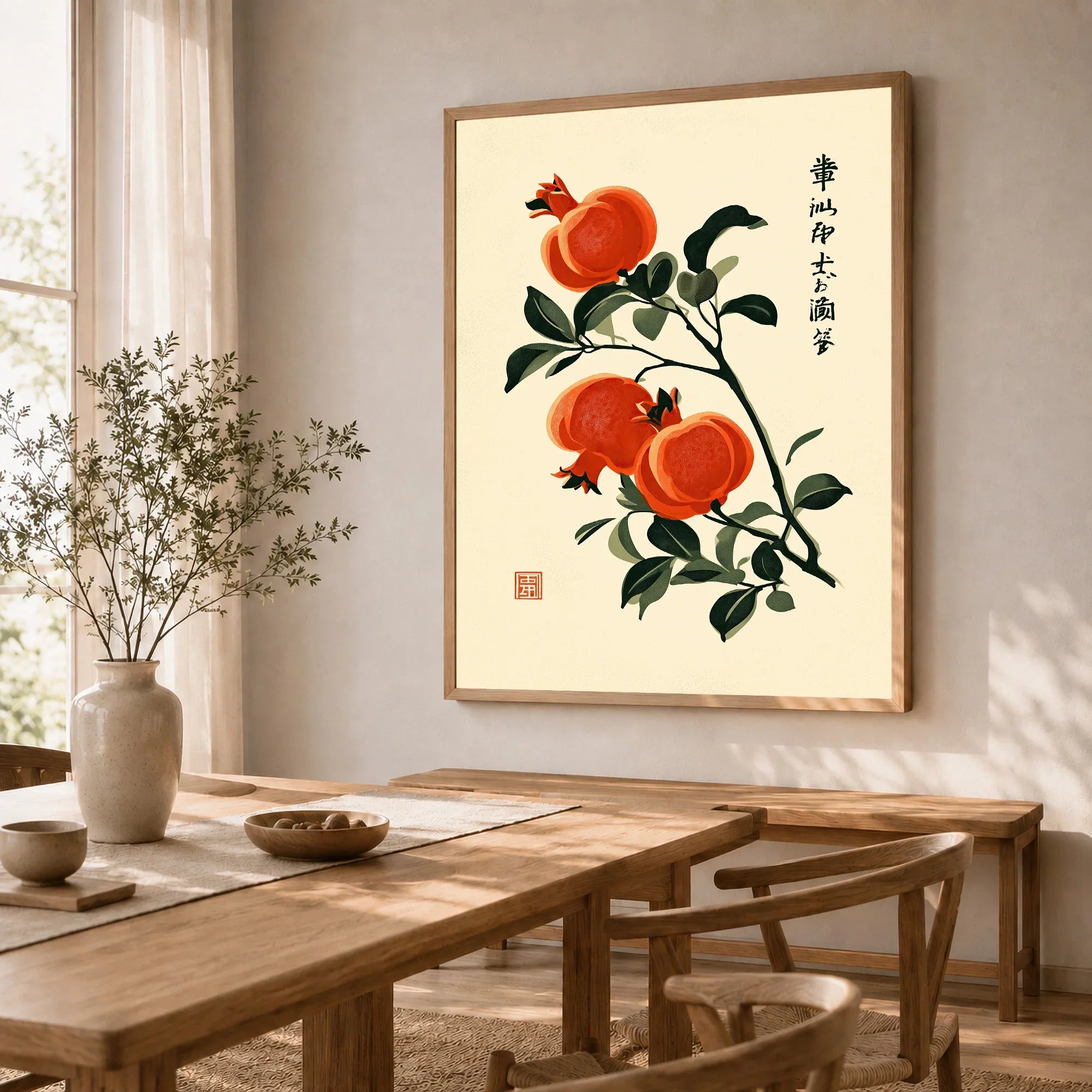 Japanese Pomegranate Art Print – Vintage Botanical Wall Art — dining room framed print natural wood frame