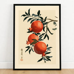 Japanese Pomegranate Wall Art – Vintage Fruit Art Print — art print in black frame on wooden floor
