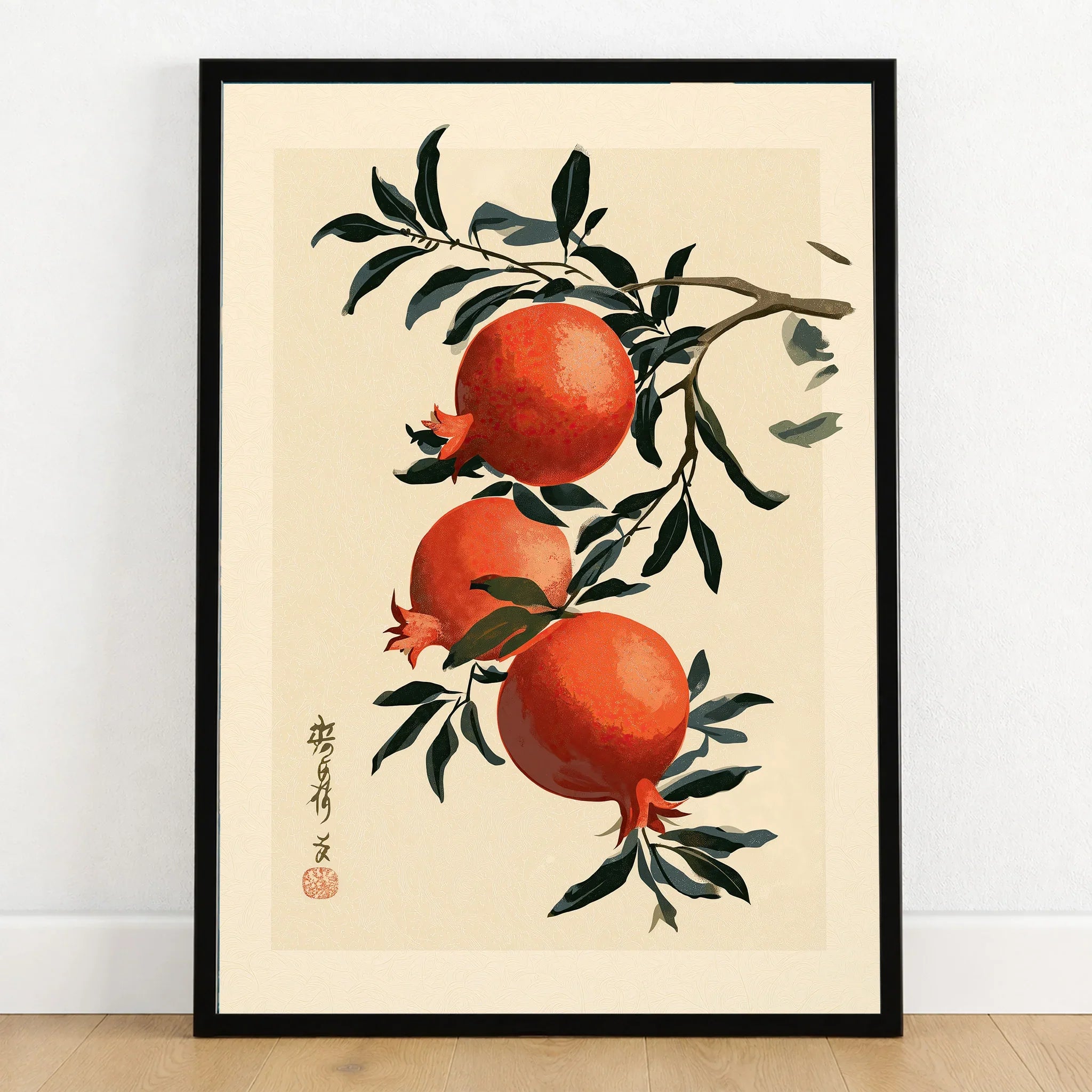 Japanese Pomegranate Wall Art – Vintage Fruit Art Print — art print in black frame on wooden floor