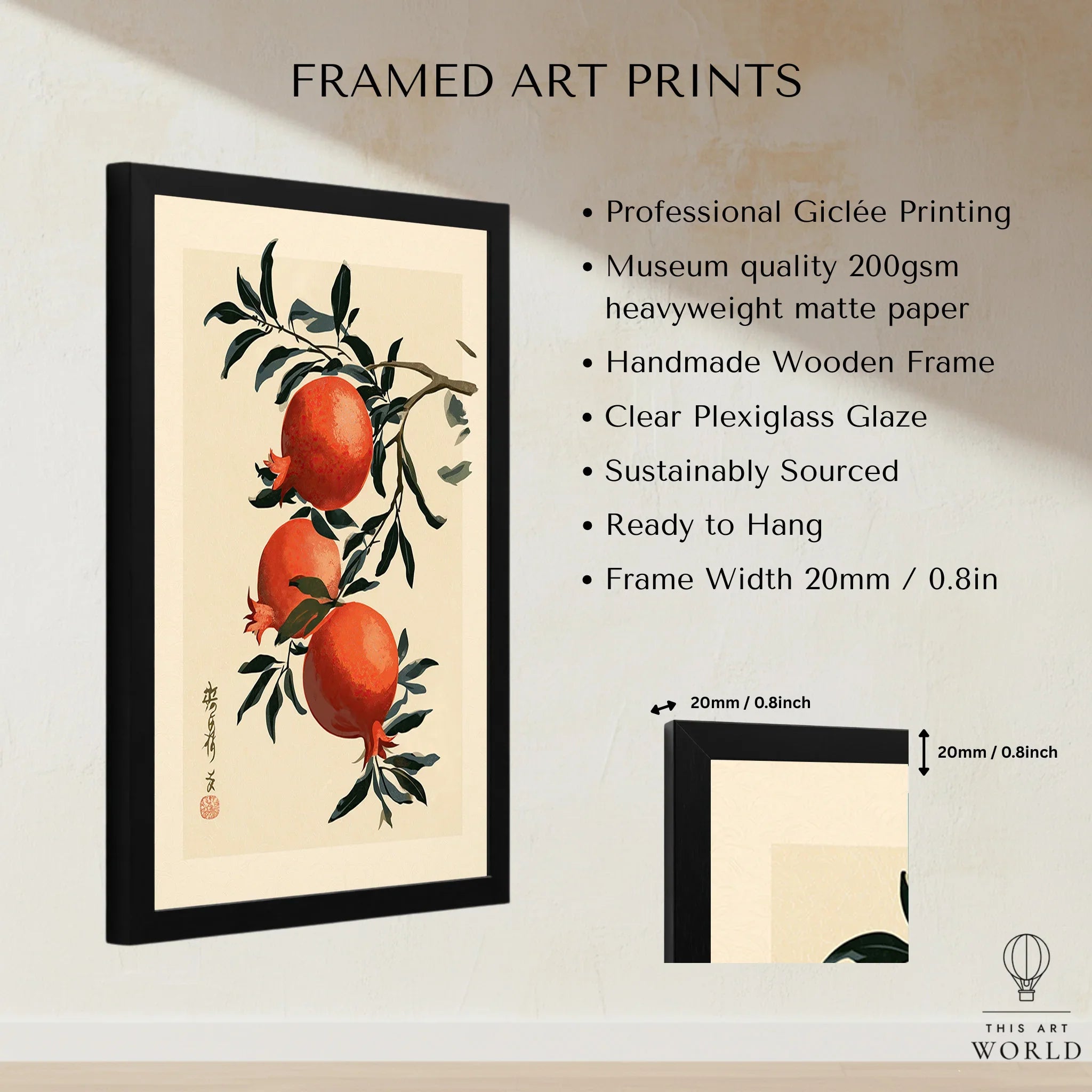 Japanese Pomegranate Wall Art – Vintage Fruit Art Print — framed print details measurements quality details