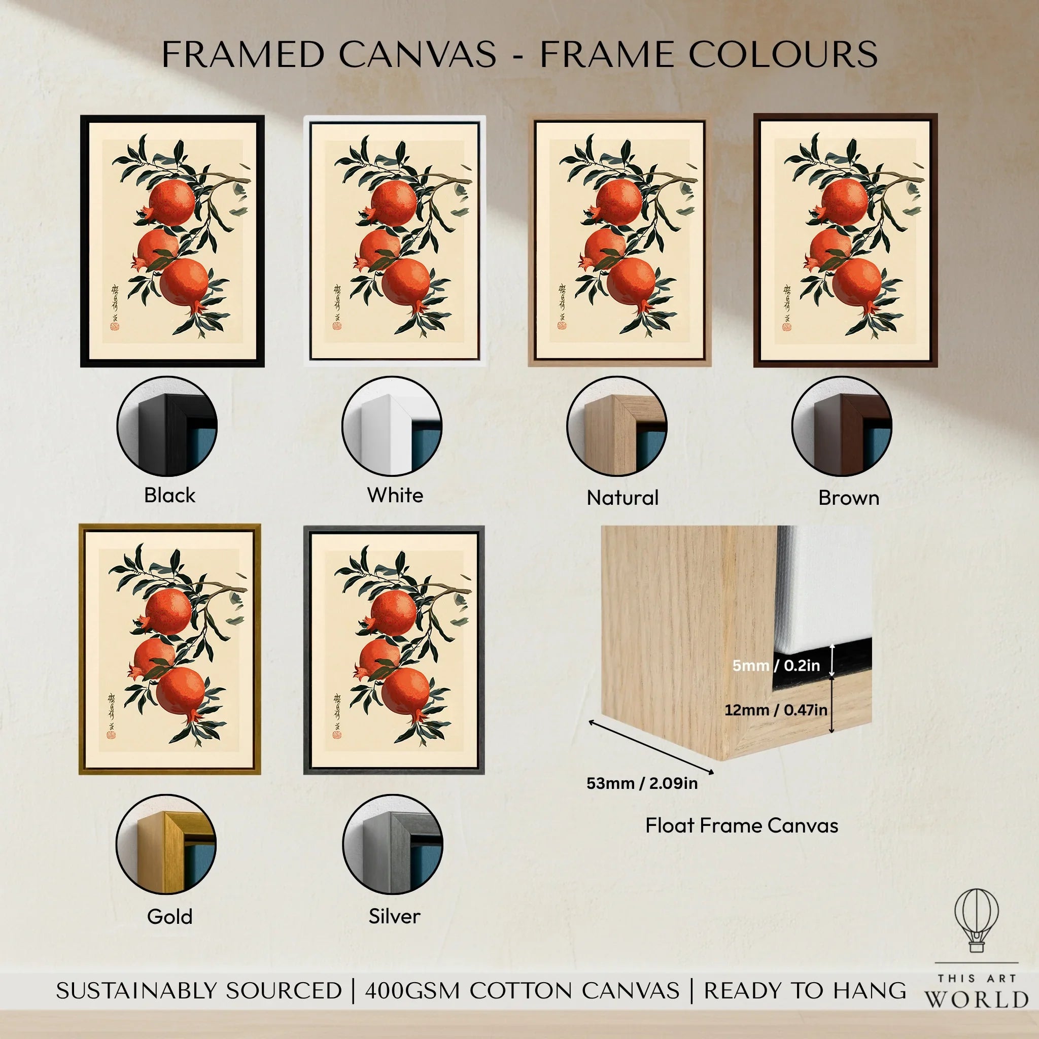 Japanese Pomegranate Wall Art – Vintage Fruit Art Print — framed canvas float frame colour options