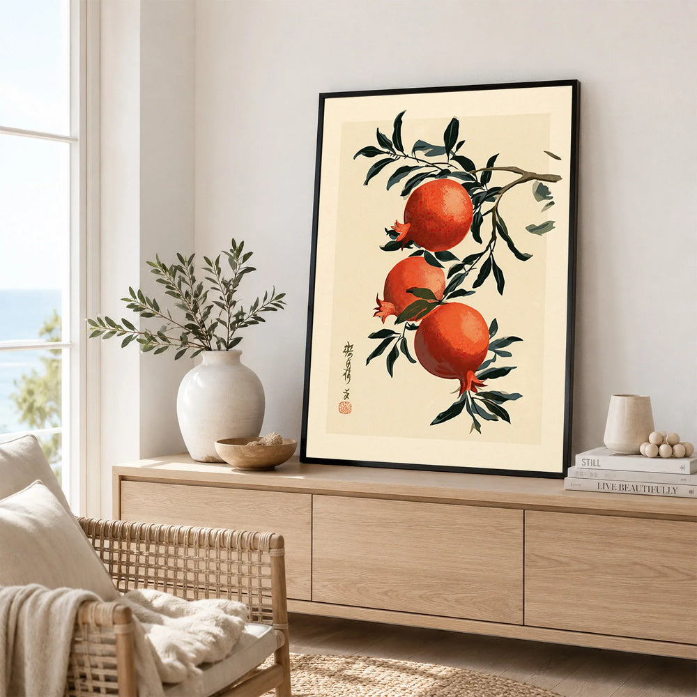Japanese Pomegranate Wall Art – Vintage Fruit Art Print — framed artwork living room lifestyle setting