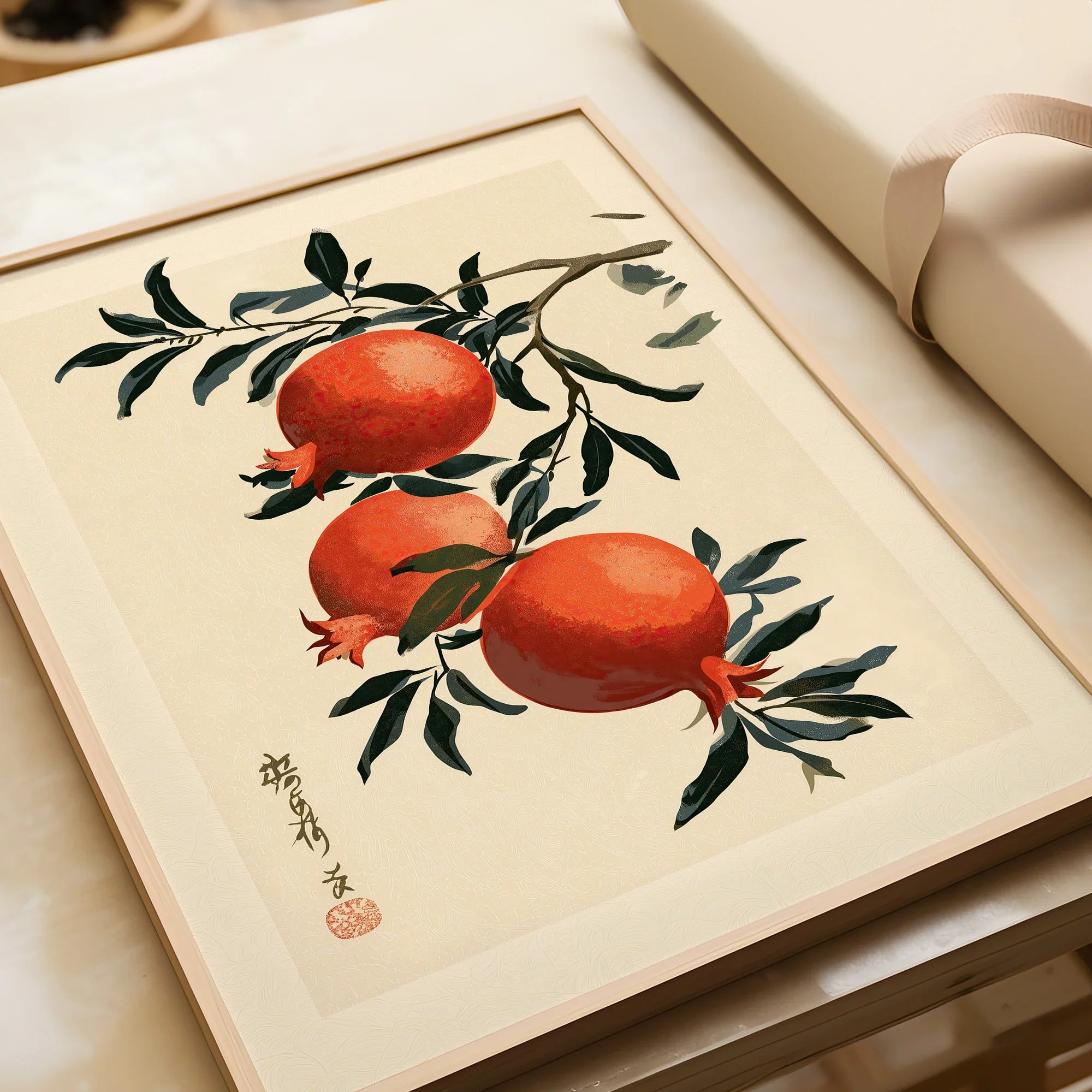 Japanese Pomegranate Wall Art – Vintage Fruit Art Print — framed art print closeup gift unwrapped natural frame