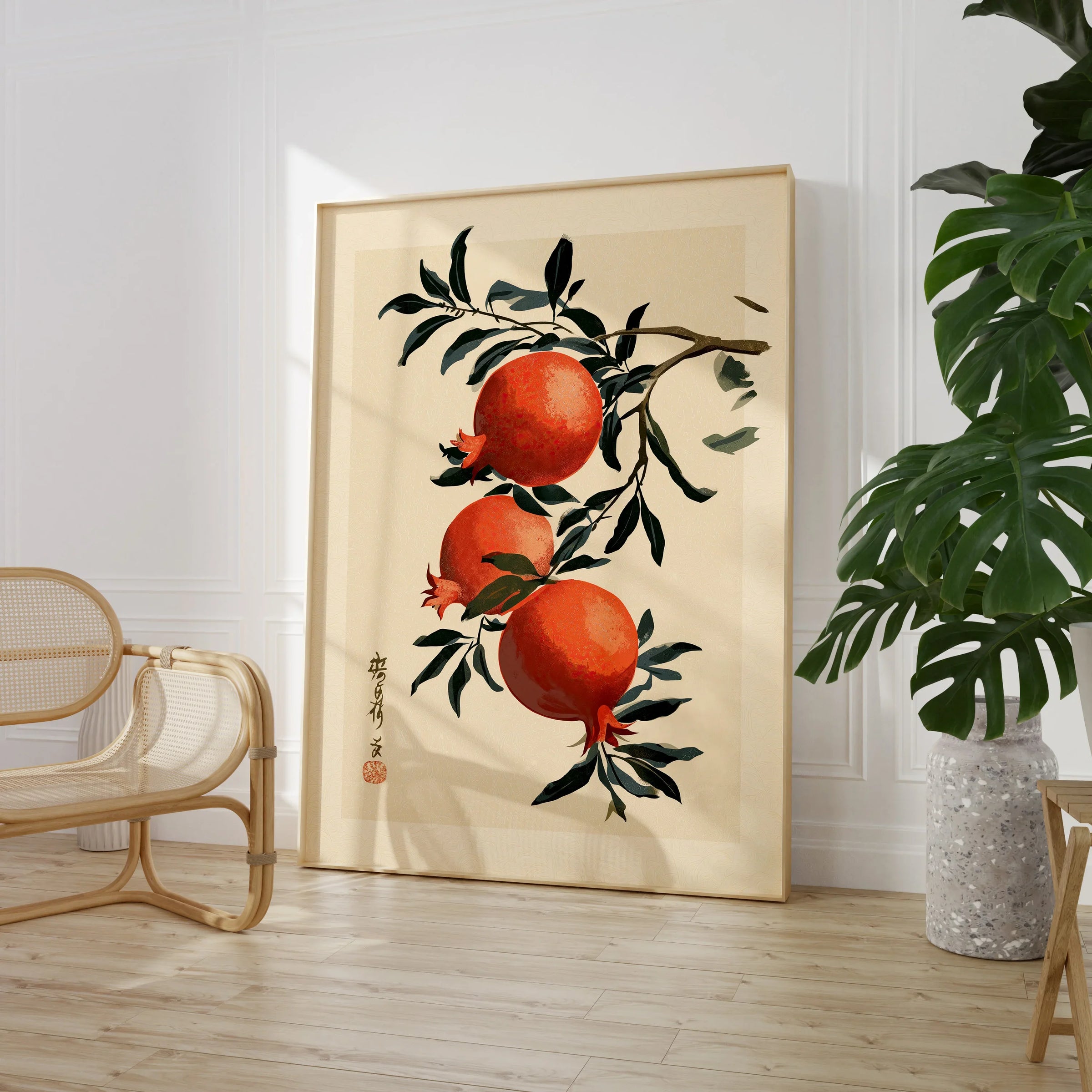 Japanese Pomegranate Wall Art – Vintage Fruit Art Print — large framed print room setting chair plant