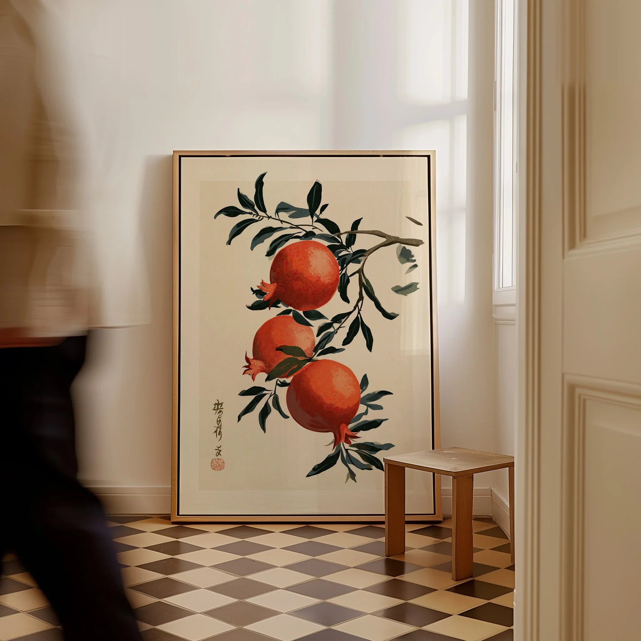 Japanese Pomegranate Wall Art – Vintage Fruit Art Print — framed canvas on floor man walking past