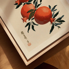 Japanese Pomegranate Wall Art – Vintage Fruit Art Print — closeup framed canvas natural wood floating frame
