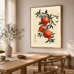 Japanese Pomegranate Wall Art – Vintage Fruit Art Print — dining room framed print natural wood frame