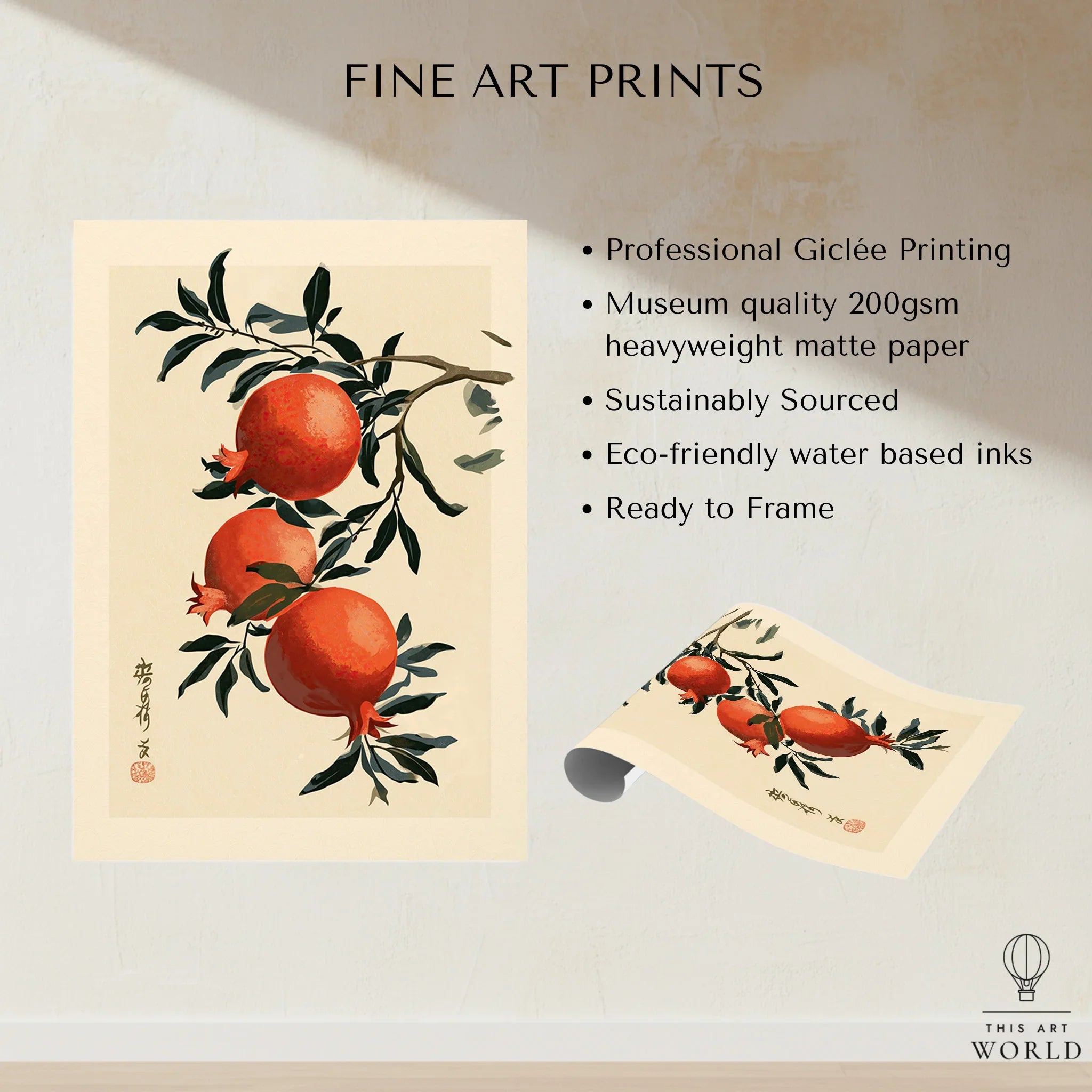 Japanese Pomegranate Wall Art – Vintage Fruit Art Print — fine art print unframed quality details