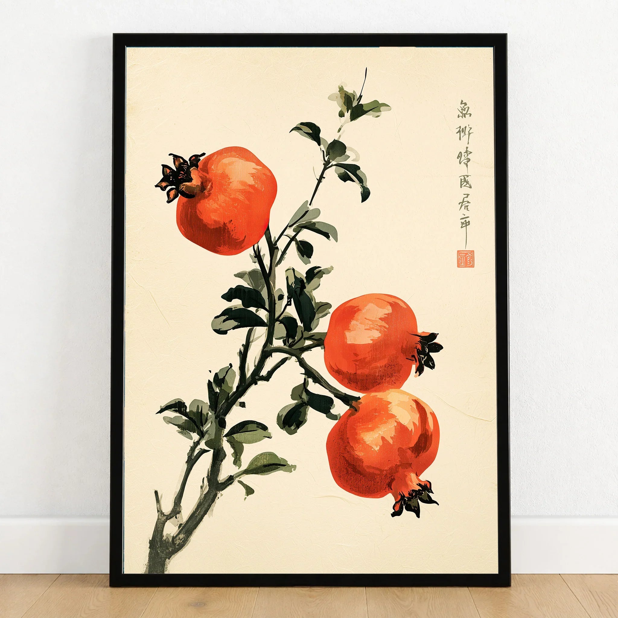 Japanese Fruit Art Print – Pomegranate Botanical Wall Art — art print in black frame on wooden floor