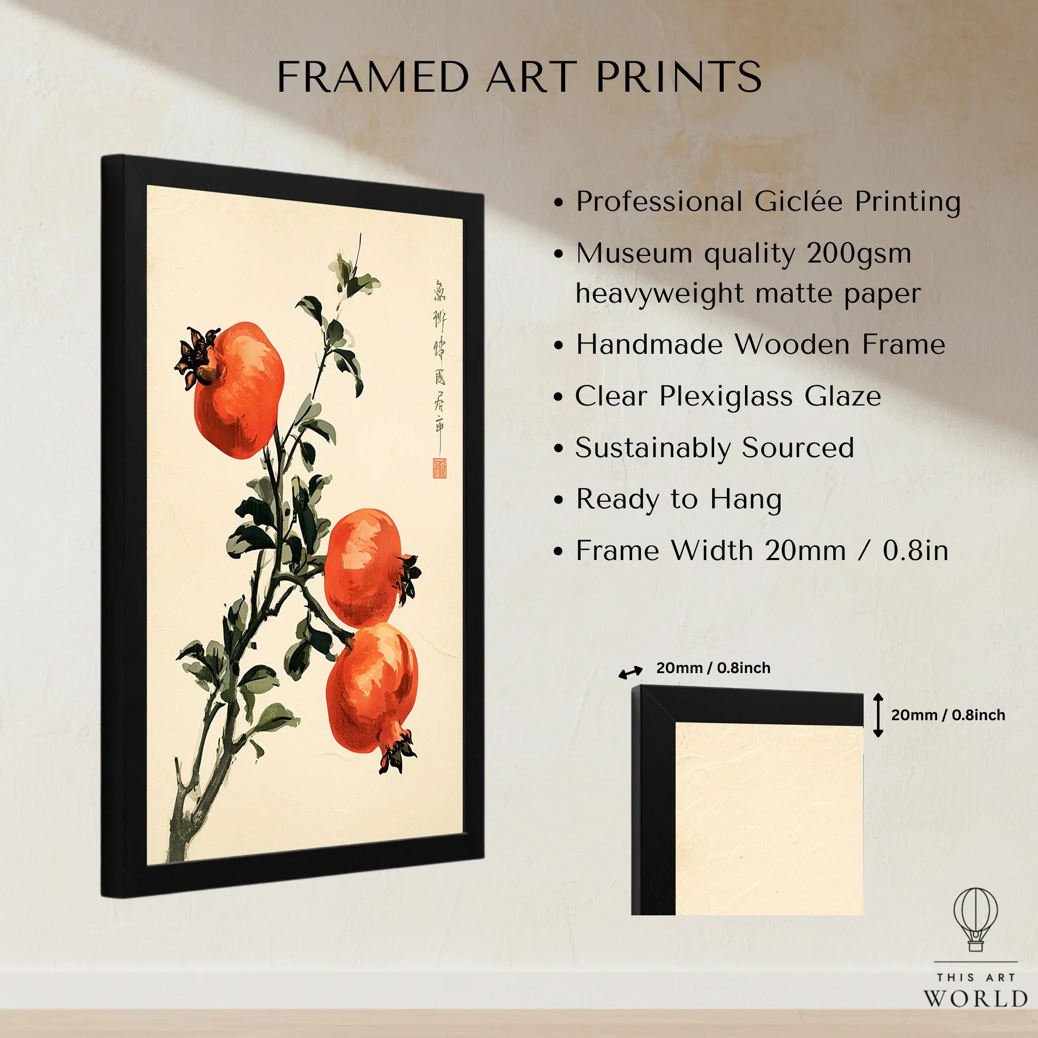 Japanese Fruit Art Print – Pomegranate Botanical Wall Art — framed print details measurements quality details