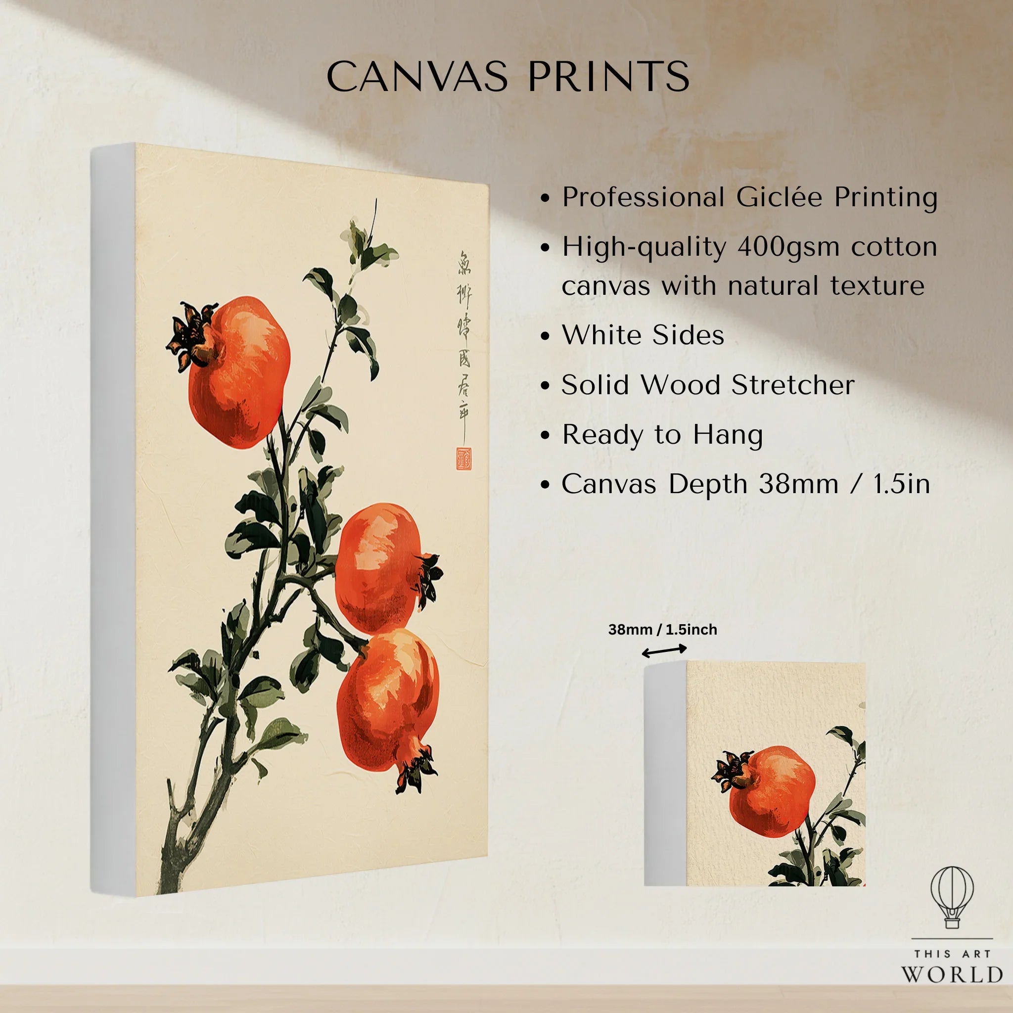 Japanese Fruit Art Print – Pomegranate Botanical Wall Art — canvas print stretched cotton canvas details