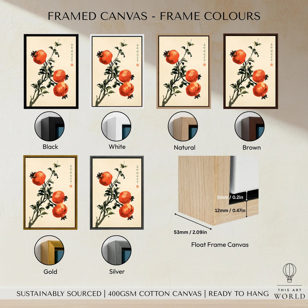 Japanese Fruit Art Print – Pomegranate Botanical Wall Art — framed canvas float frame colour options