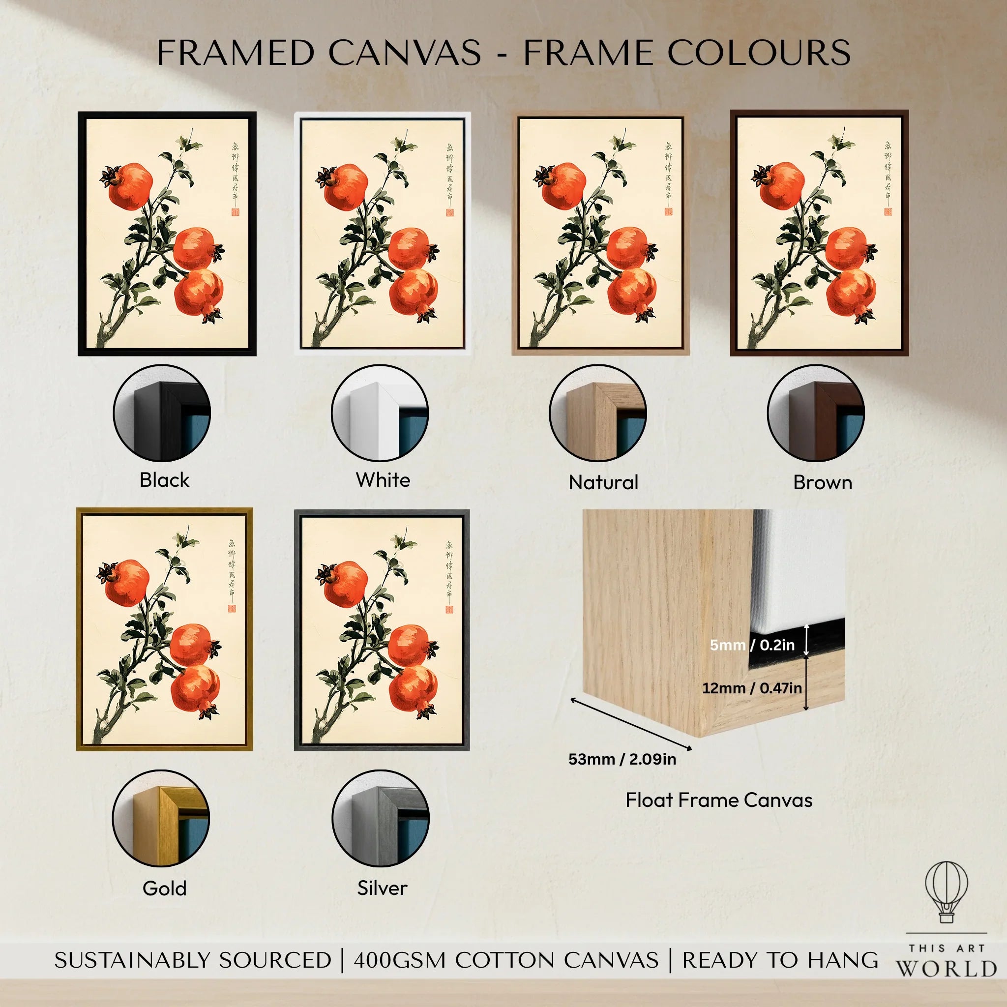 Japanese Fruit Art Print – Pomegranate Botanical Wall Art — framed canvas float frame colour options