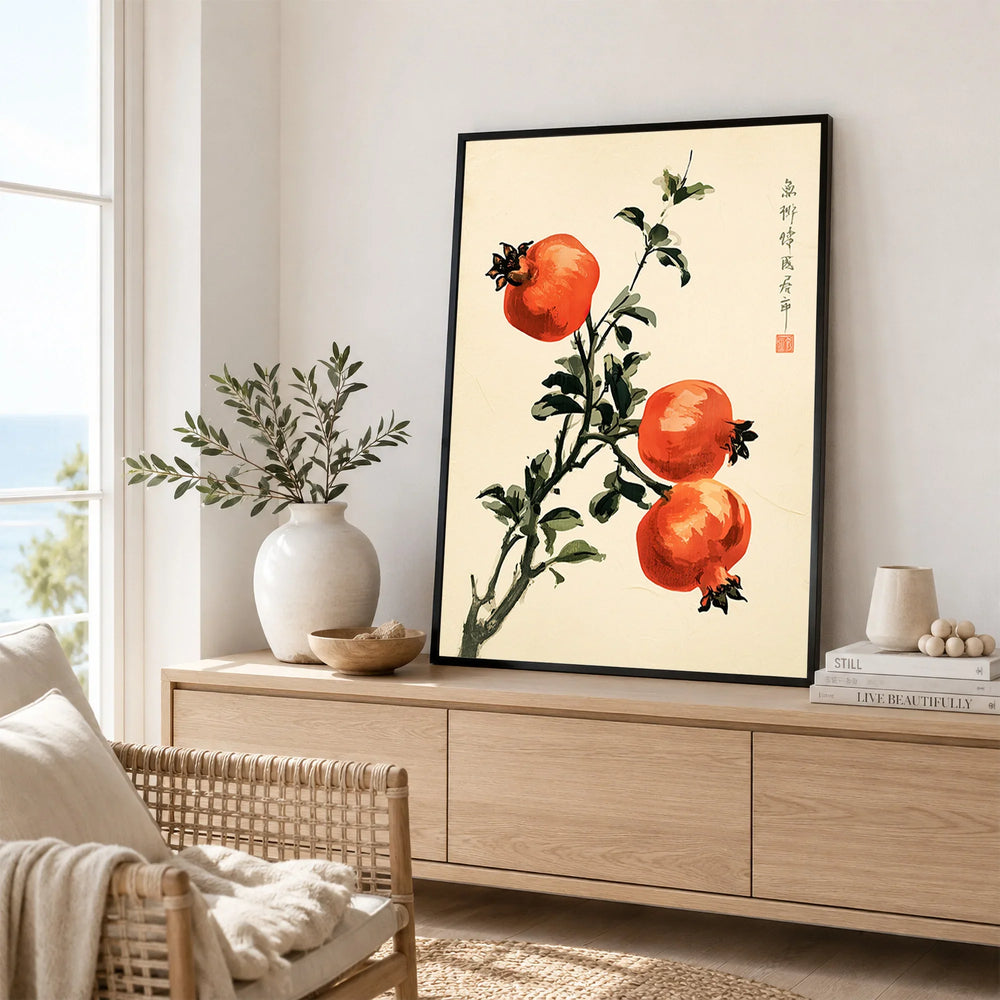 Japanese Fruit Art Print – Pomegranate Botanical Wall Art — framed artwork living room lifestyle setting