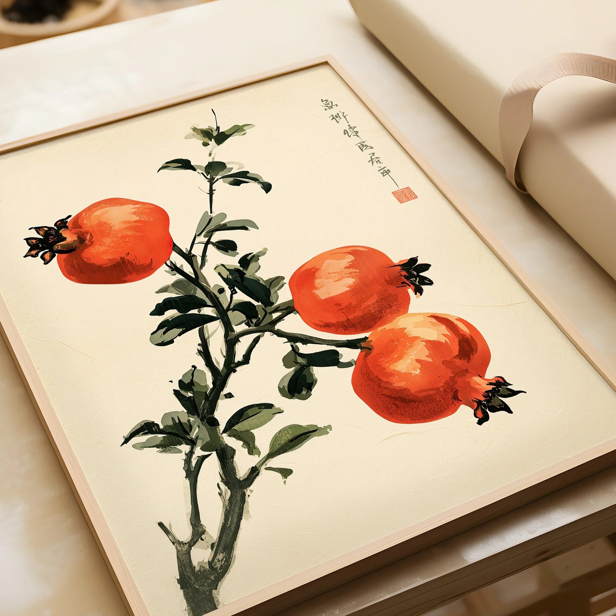 Japanese Fruit Art Print – Pomegranate Botanical Wall Art — framed art print closeup gift unwrapped natural frame