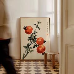 Japanese Fruit Art Print – Pomegranate Botanical Wall Art — framed canvas on floor man walking past