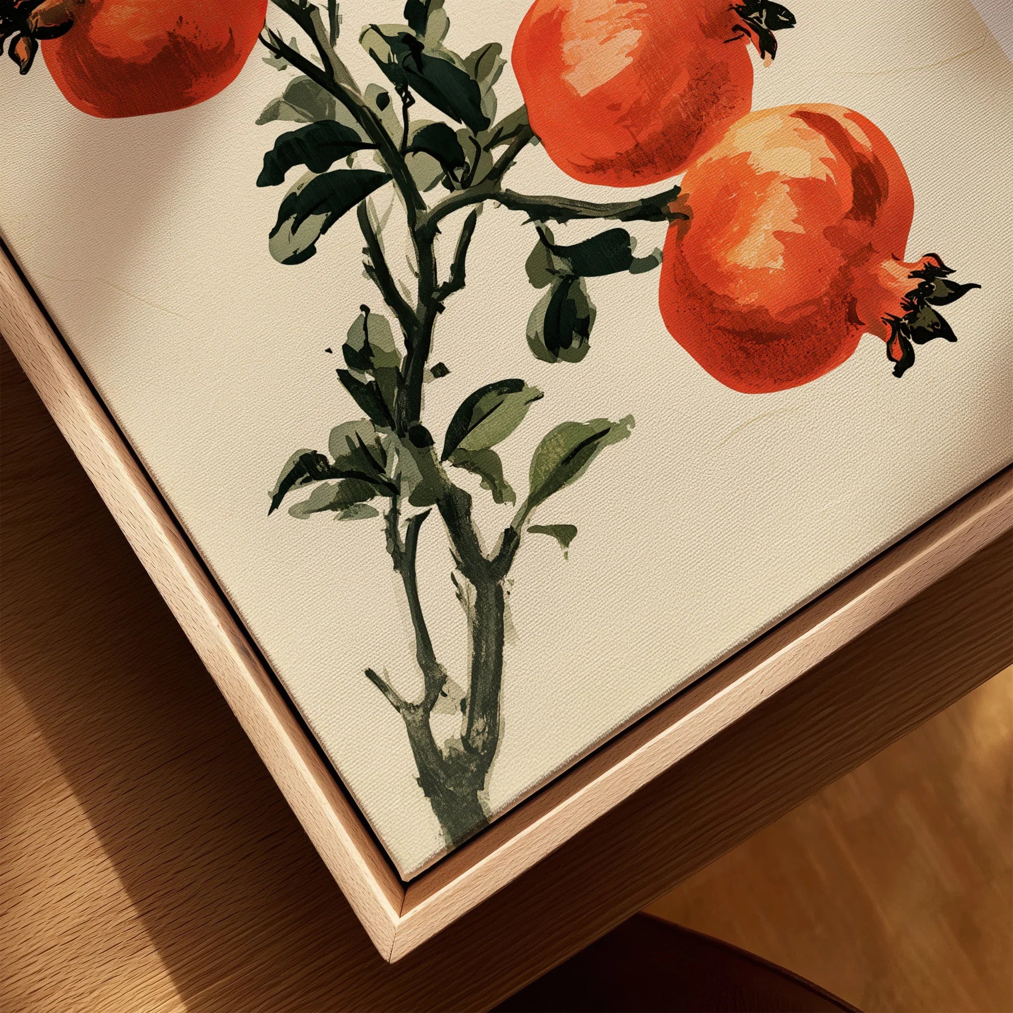 Japanese Fruit Art Print – Pomegranate Botanical Wall Art — closeup framed canvas natural wood floating frame