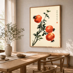 Japanese Fruit Art Print – Pomegranate Botanical Wall Art — dining room framed print natural wood frame